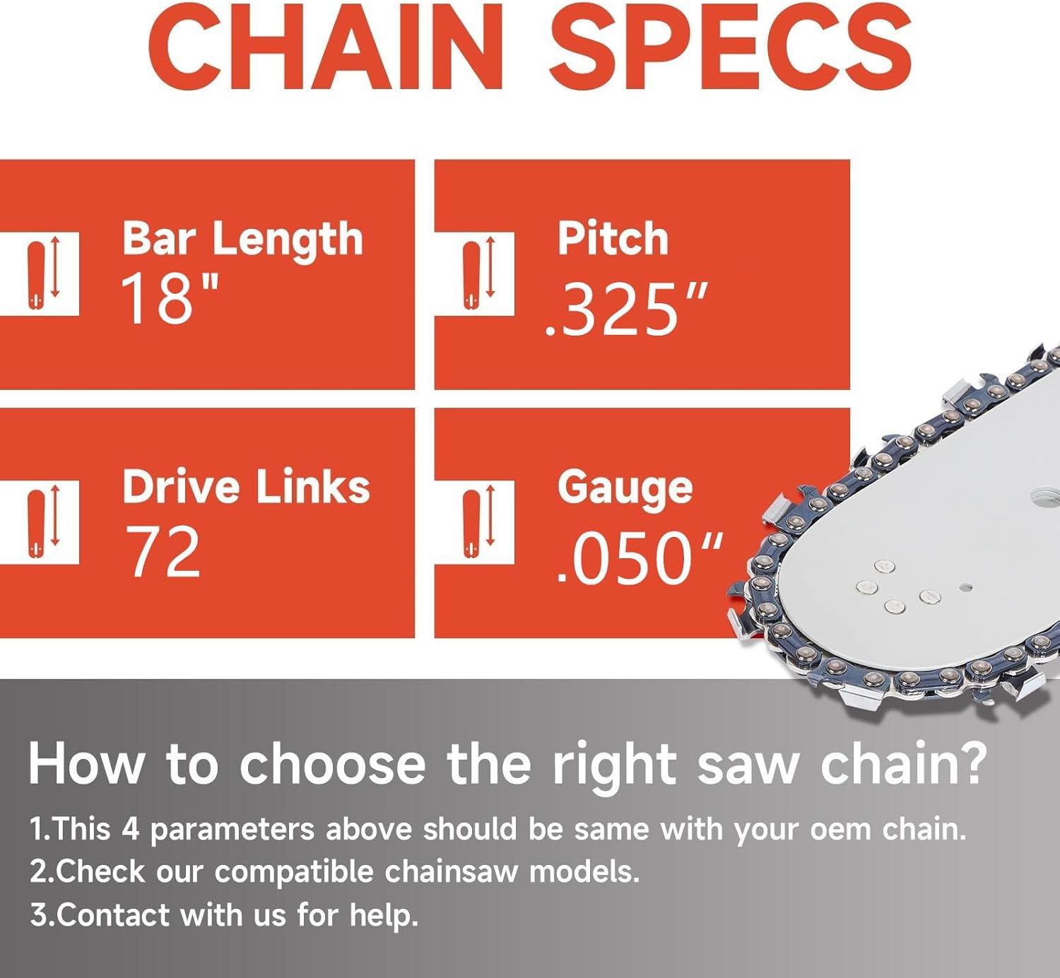 18 inch Chainsaw Chain 325 050 72 DL and guide bar for Husqvarna 435 440 445 545 345 350, 51 55 RANCHER (4 Chains and 1 Bar)