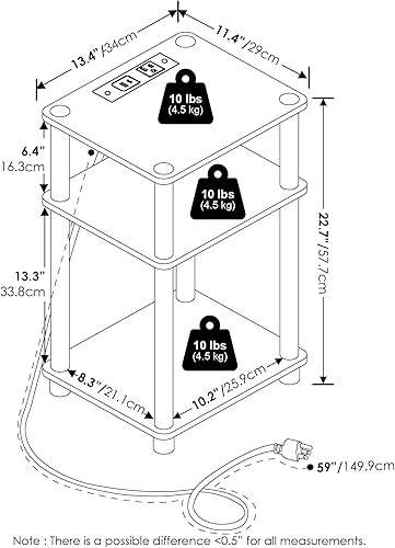 Miniatura 8 de Furinno JUST - Mesa auxiliar de 3 niveles con estación de carga, mesita de noche de fácil montaje, mesita de noche con puerto de carga USB y tipo C,