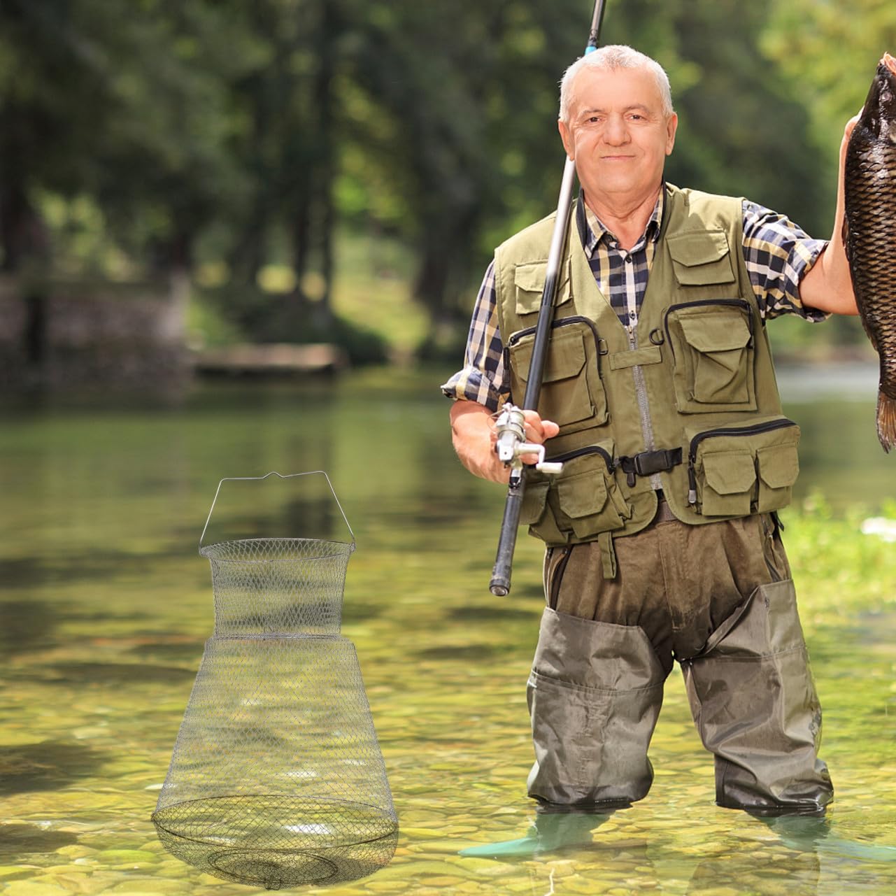 Nassa Porta Pesci Inox Pieghevole 1 Pezzo Argento per Pesca