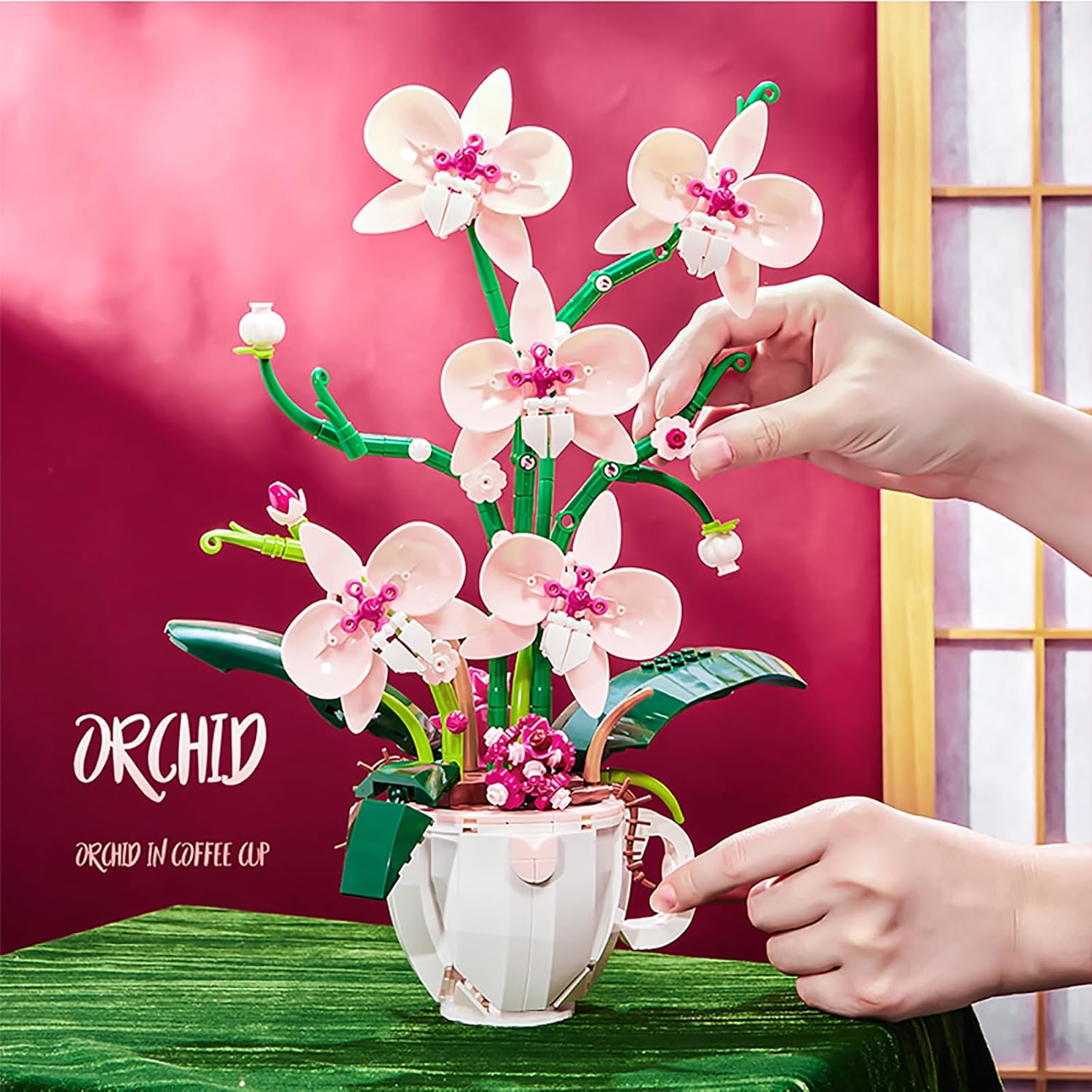 Pink Orchid Flower Building Set for Adults, Coffee Cup Orchid Botanical Collection Plant Building Kit, Home and Office Decor Gift for Christmas Day, Valentines, Birthday 567pcs