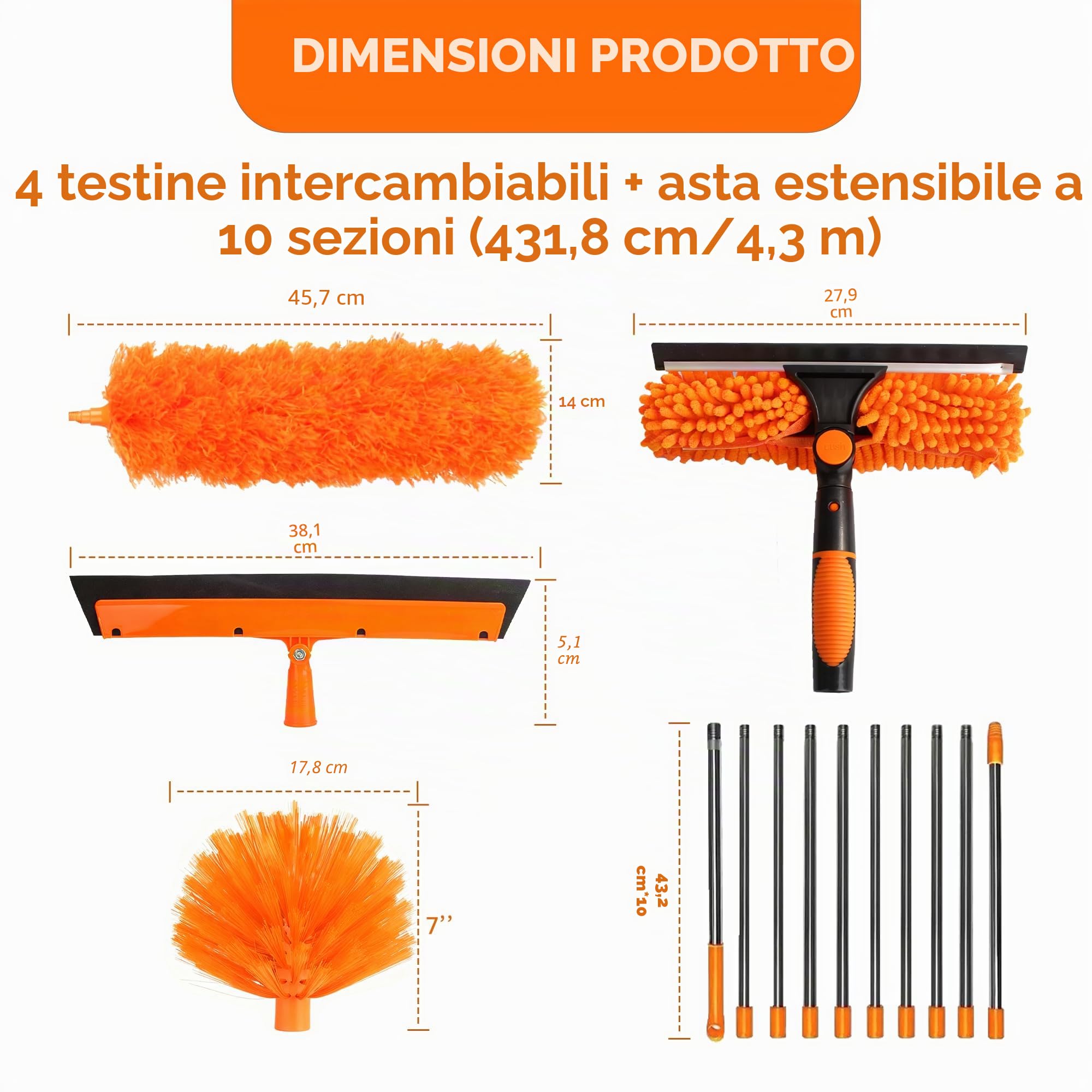 Spolverino Telescopico da 6 m, Strumento di Pulizia con Manico Estensibile (da 1,5 a 4,9 m), Panni per Spolverare Flessibili Riutilizzabili, Adatto per Interni ed Esterni