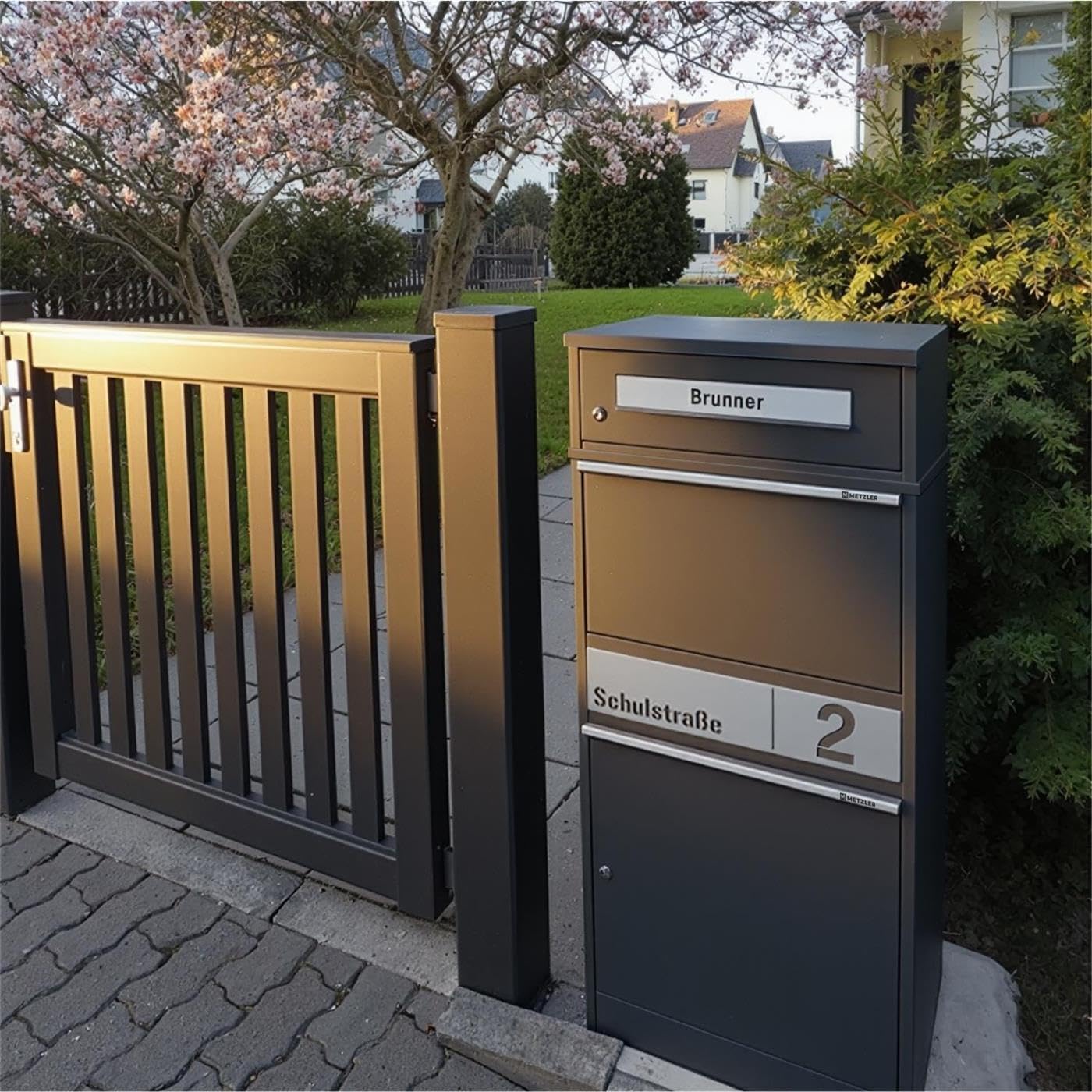 Metzler® boîte aux Lettres Colis avec éclairage LED Solaire et Plaque nom gravée RAL 7016 Anthracite – Acier thermolaqué sur Pied, capacité XL sécurisée et résistante intemperies Bispo 2