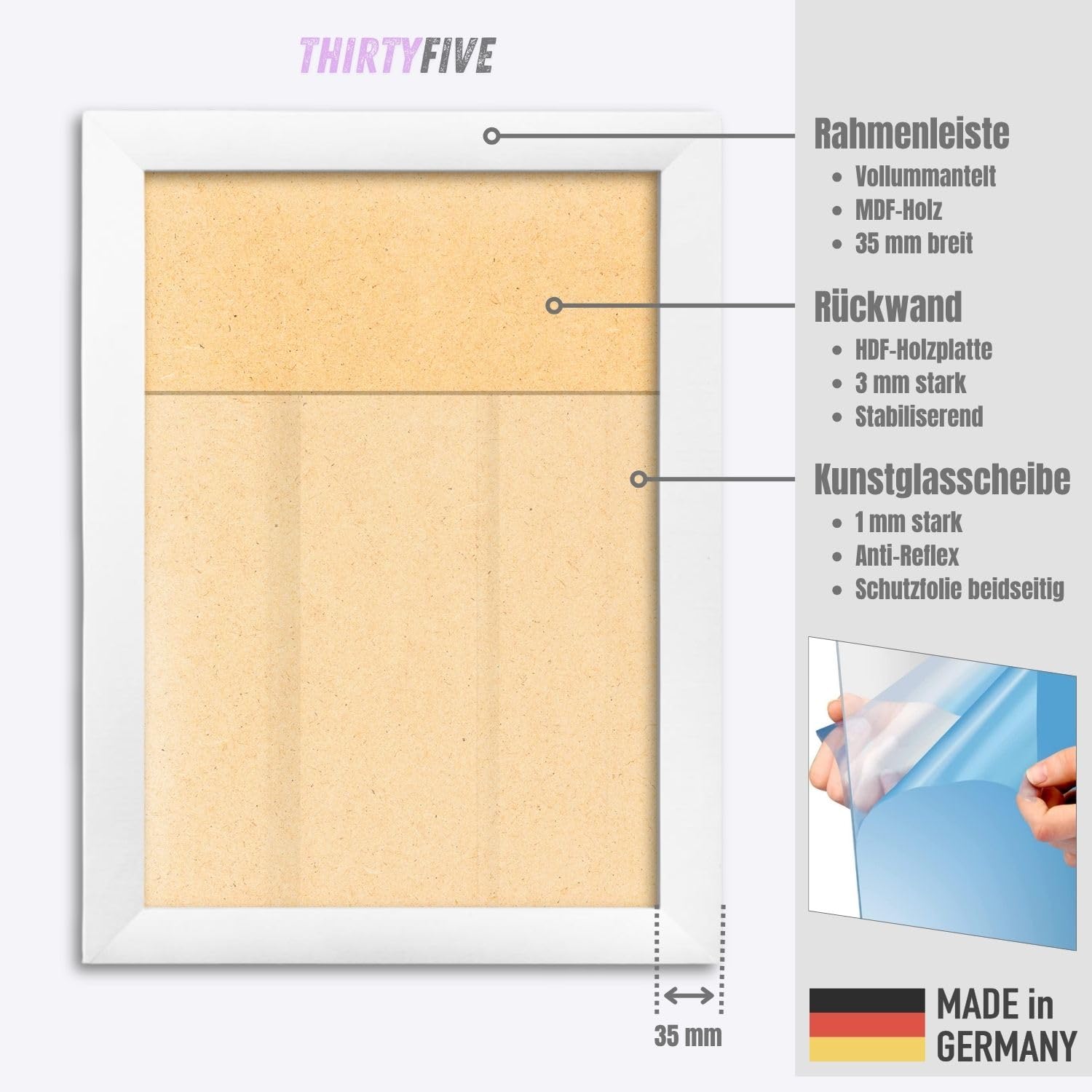 Online-GalleryKing OGK Thirtyfive Bilderrahmen 76x99 cm Weiß Matt mit MDF Holzrahmen vollummantelt, entspiegeltes Anti-Reflex Kunstglas und HDF Rückwand - Fotorahmen für Hoch- und Querformat