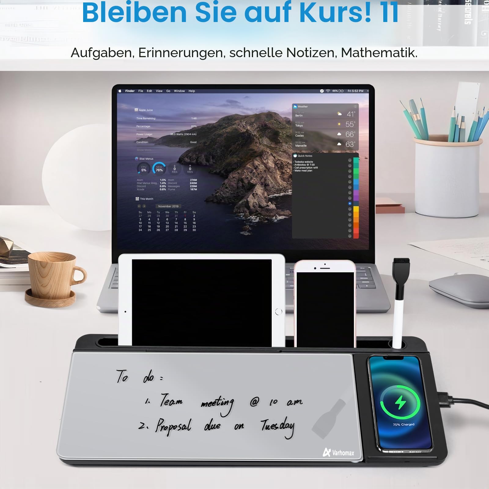 Varhomax Glas-Schreibtisch-Whiteboard mit kabellosem Ladegerät, trocken abwischbar, Aufbewahrung, Buddy To-Do-Liste, Notizblock für Zuhause und Büro
