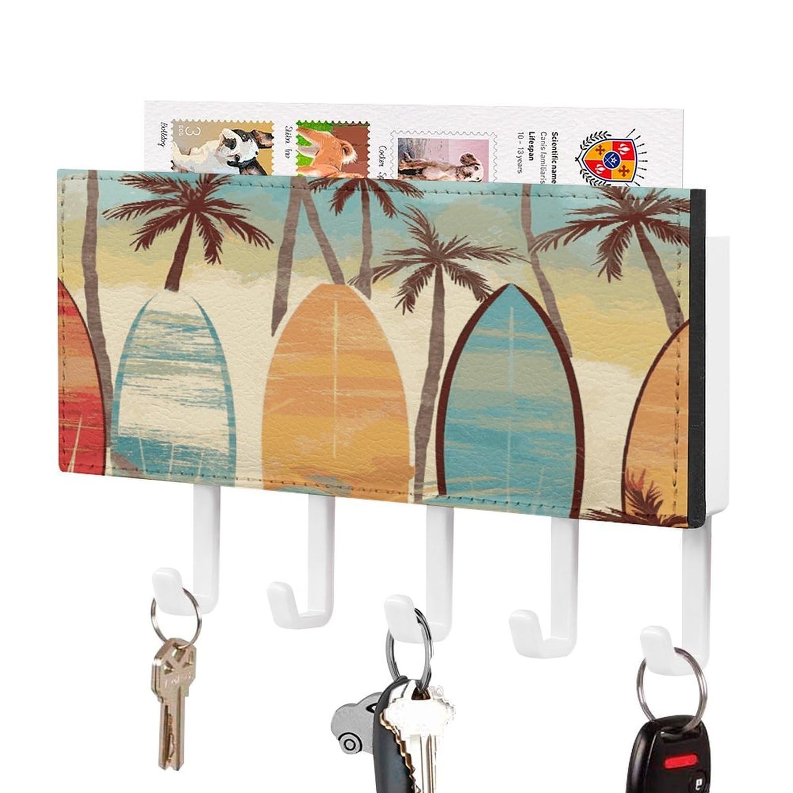 LDGSUPH Surfboard Palm Tree Key Holder Wall Mount Key Hanger with 5 Hooks Fashion Key Organizer Rack Hanging Key Hooks with Mail Organizer Key Rack for Home Entryway Hallway White-Style