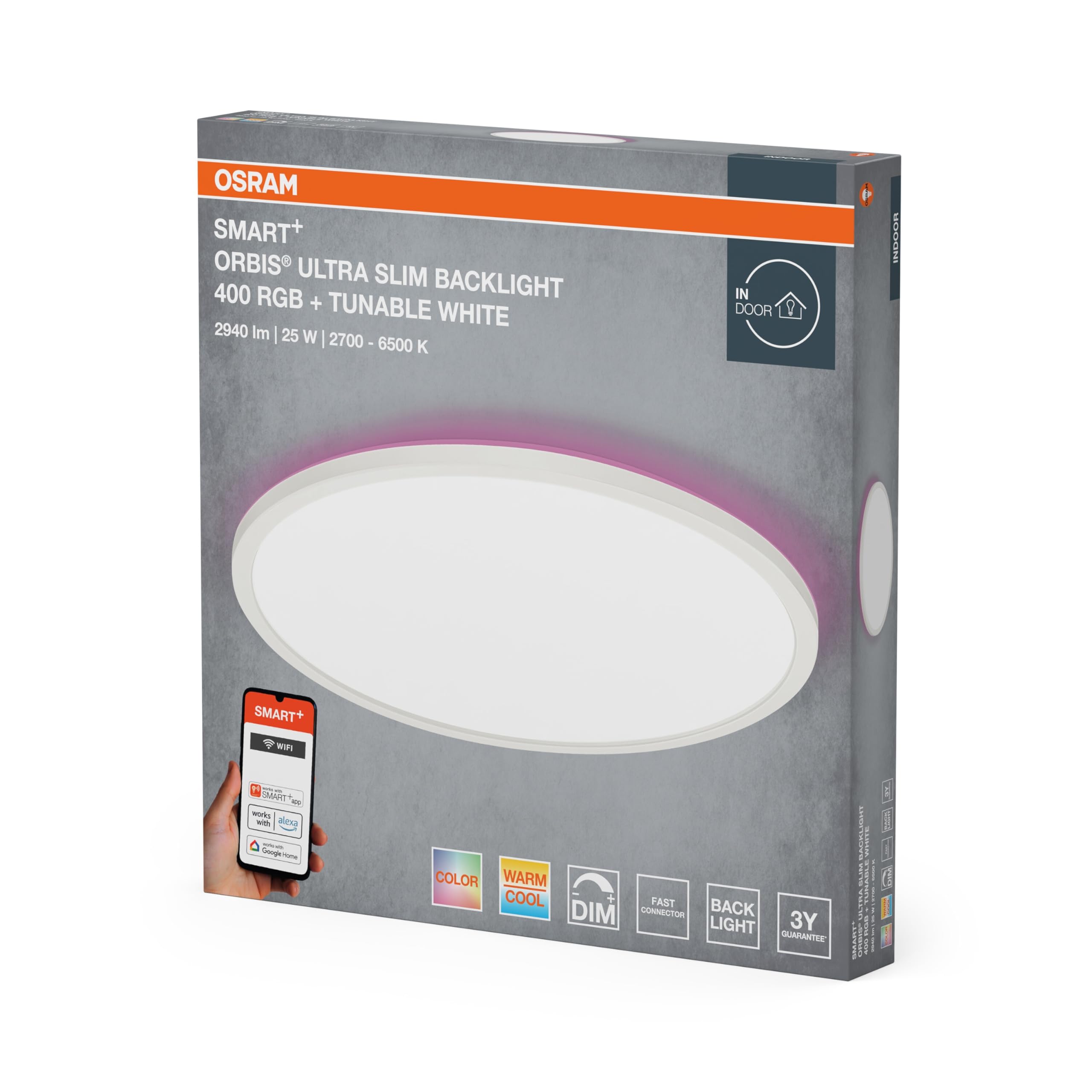 Osram SMART+ Orbis LED Panelleuchte 400mm Weiß RGB+TW WiFi | SMART+ Wifi Orbis Ultra Slim Backlight, Indoor Wall Lighting, Weiß, 400 mm dia, 30000 h, 1-Pack