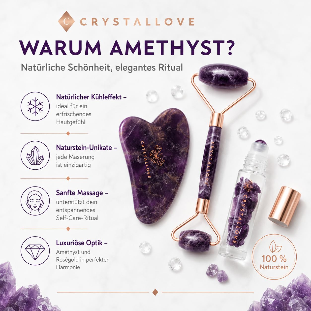 CRYSTALLOVE Amethyst Beauty Set, Gesichtsroller & Gua Sha Stein aus 100% natürlichem Amethyst, Jade Roller Alternative, Gesichtsmassage Set mit Roll-on Flasche 10 ml, Geschenkset für Frauen