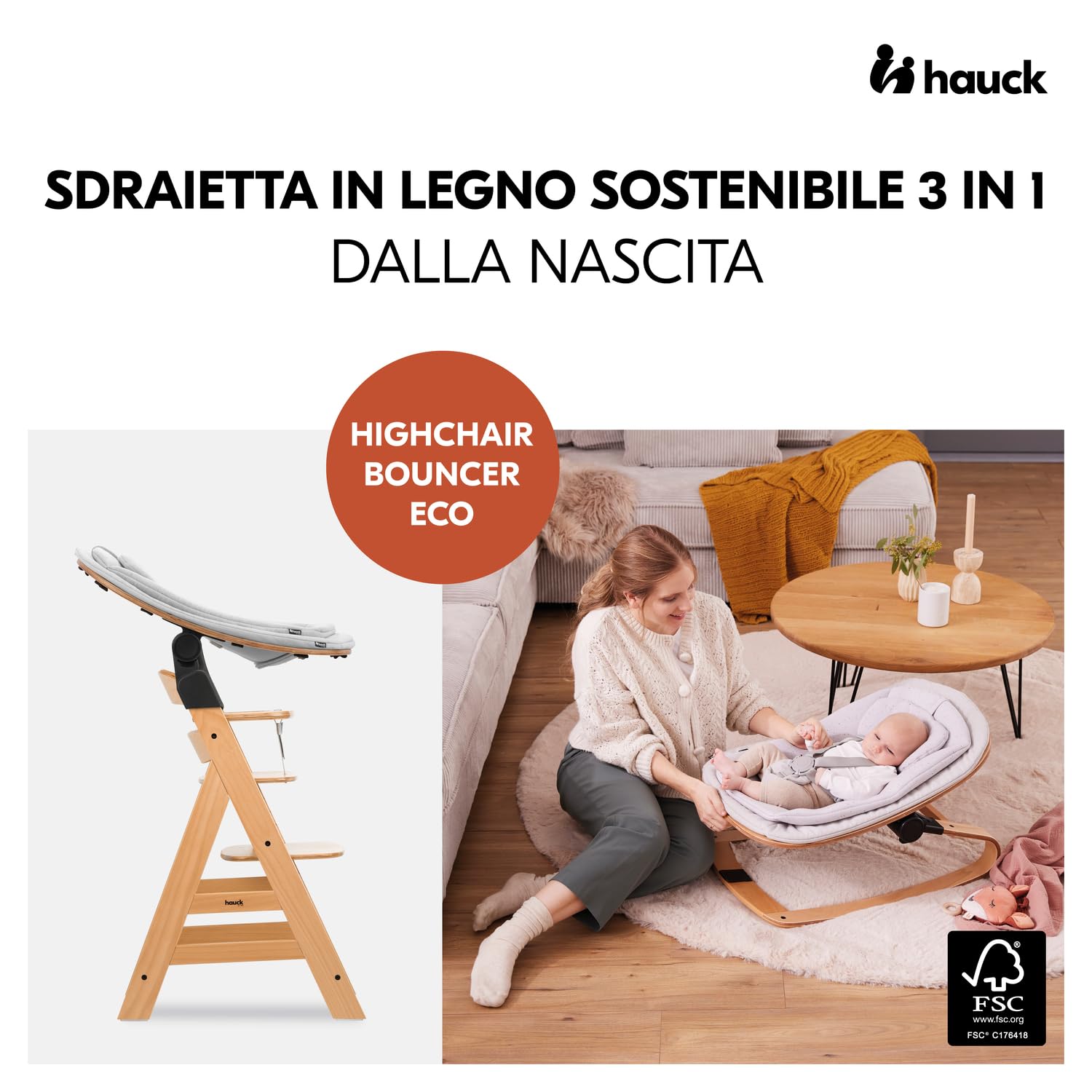 hauck Highchair Bouncer Eco, Light Grey - Sdraietta Neonato con Funzione Pappa e Struttura a Dondolo in Legno, Ergonomica, Reclinabile - Adattatore per Seggiolone Pappa Alpha+ e Beta+ Incluso