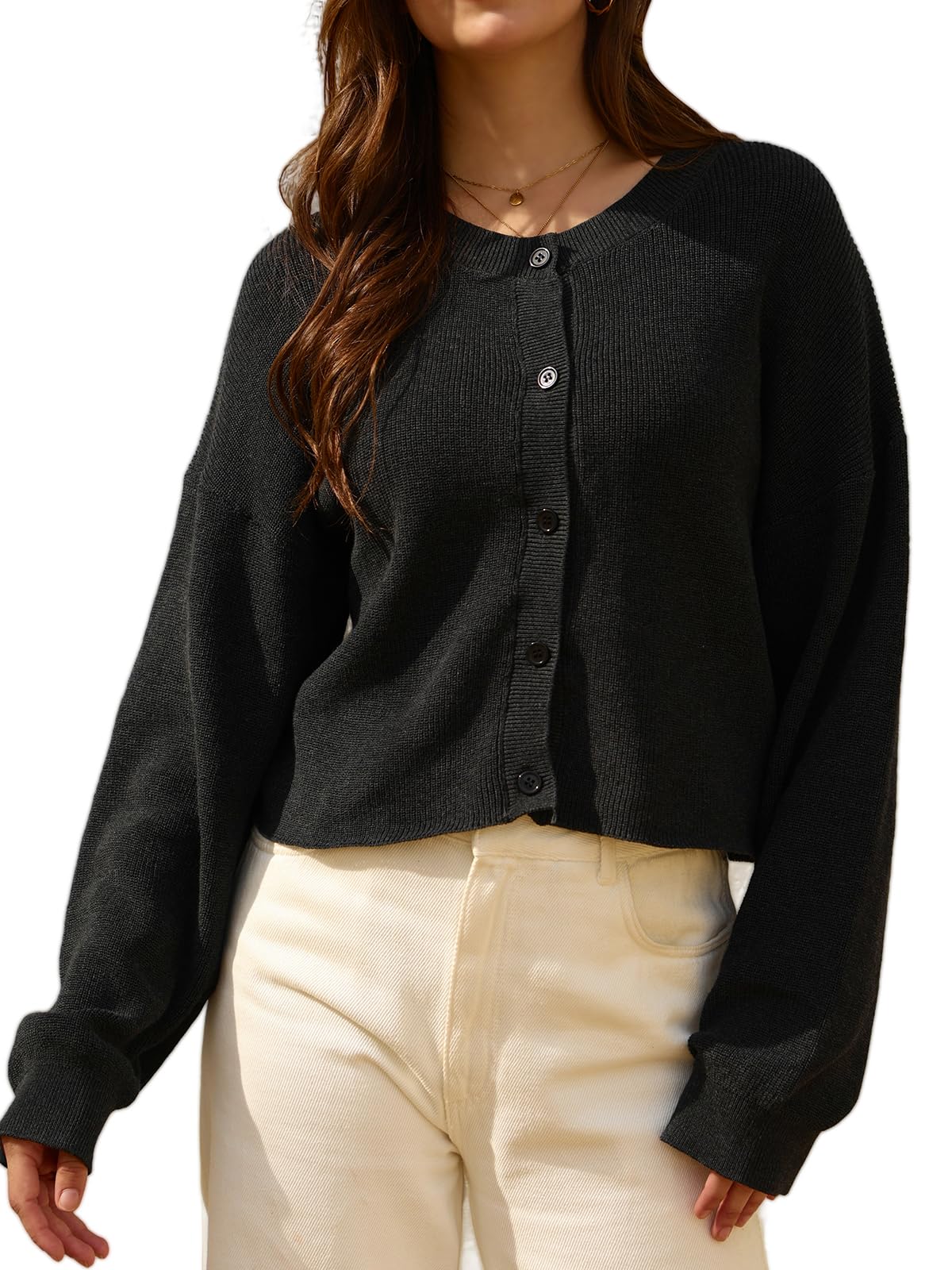 Cropped Button Down Cardigan Sweaters for Women Knit Open Front Crew Neck Oversized Loose Casual Cardigans