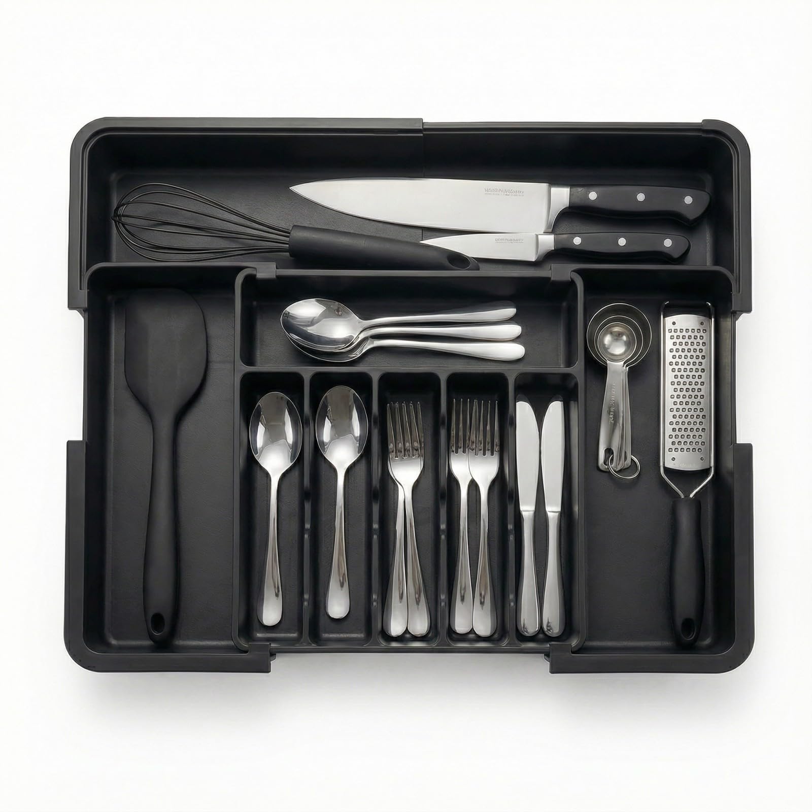 Perclyzm Large Expandable Cutlery Drawer Organiser, Adjustable Utensil Holder for Kitchen Drawer, Plastic Storage Tray for Forks and Knives, 56x48x5cm (Black)
