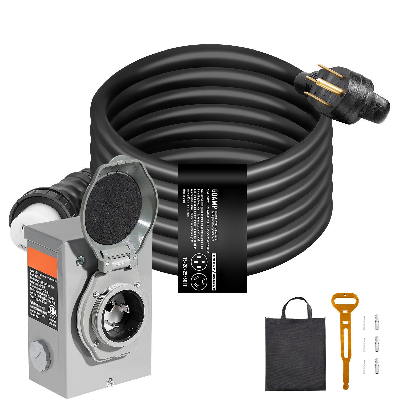 Happybuy 50 Amp Generator Cord Kit, 15FT, NEMA 14-50P/SS2-50R, Twist Lock, STW 6/3+8/1 AWG, Pre-Drilled Inlet Box for Generator to House, ETL Listed
