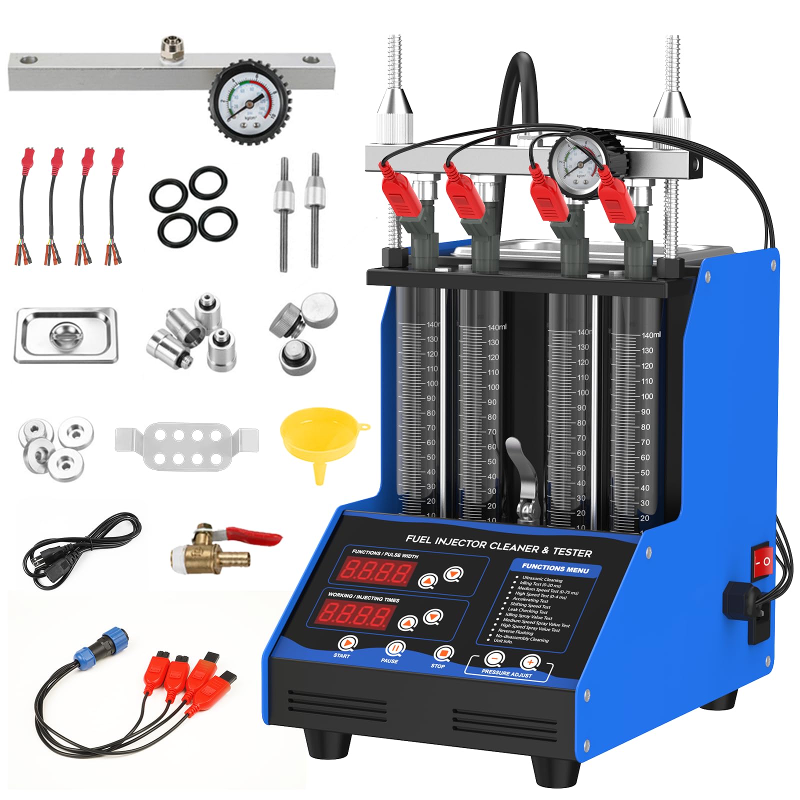 YUANRI Fuel Injector Cleaner Machine, 4 Cylinder 9 Test Modes Auto Fuel Injector Tester and Cleaner Kit, Ultrasonic Cleaning Kit for 5V to 12V Motorcycle Car Injectors