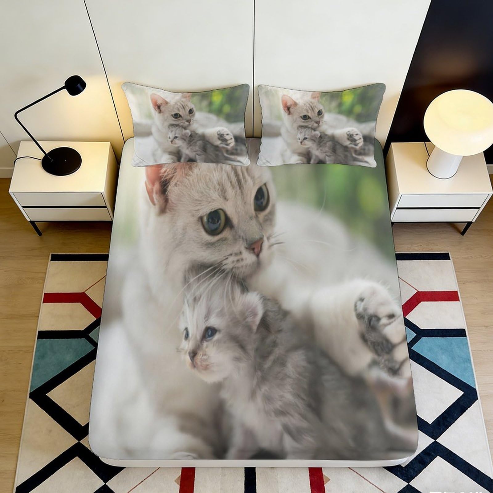 3D Printed Cat Family Fitted Sheet Microfiber Soft Mattress Cover Kitten Pattern for Bedroom Dorm Decor 90x200x25cm