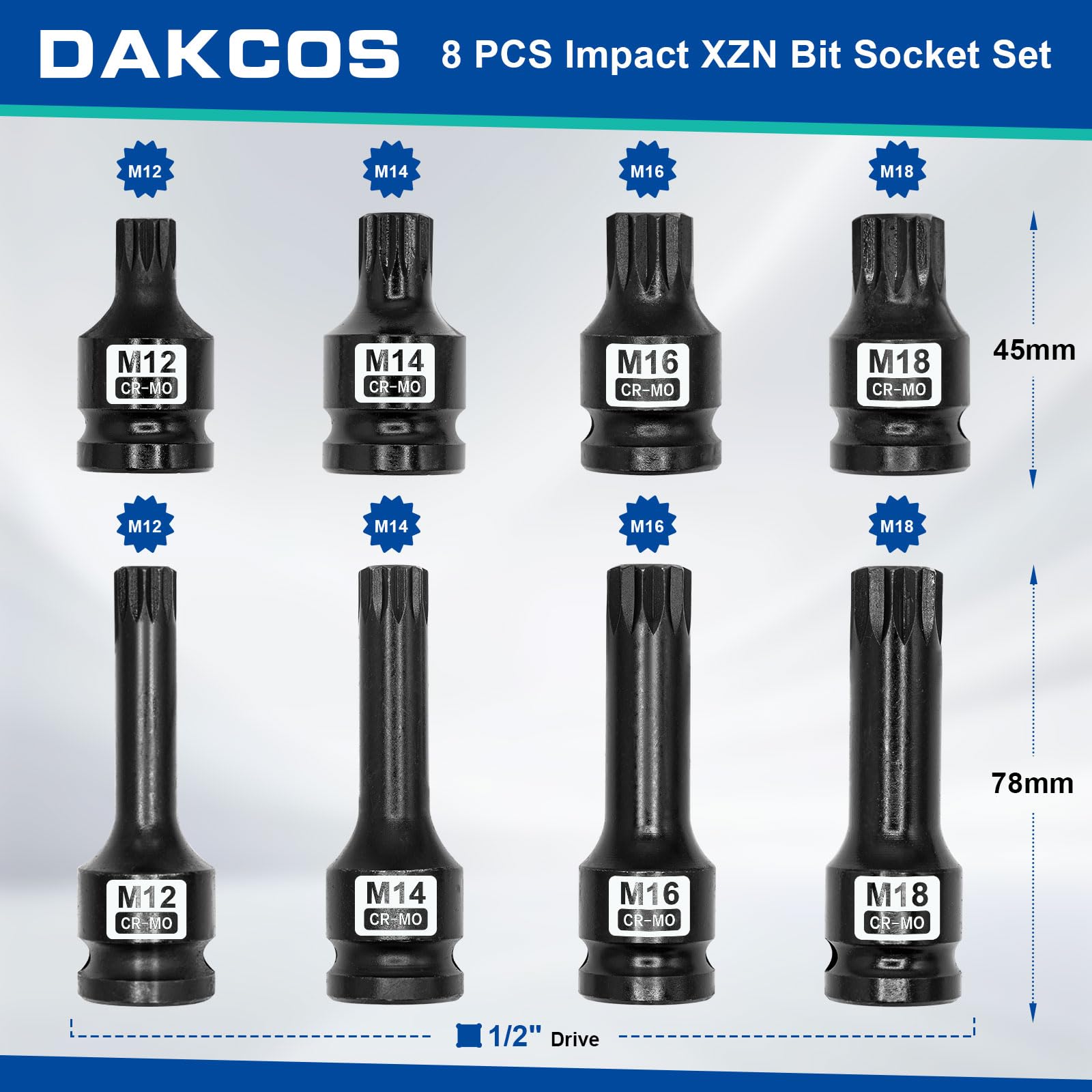DAKCOS M12 M14 M16 M18 Kraft XZN nasadki udarowe wielozębowe 1/2", 8-częściowy zestaw kluczy nasadowych z wieloma zębami CR-MO