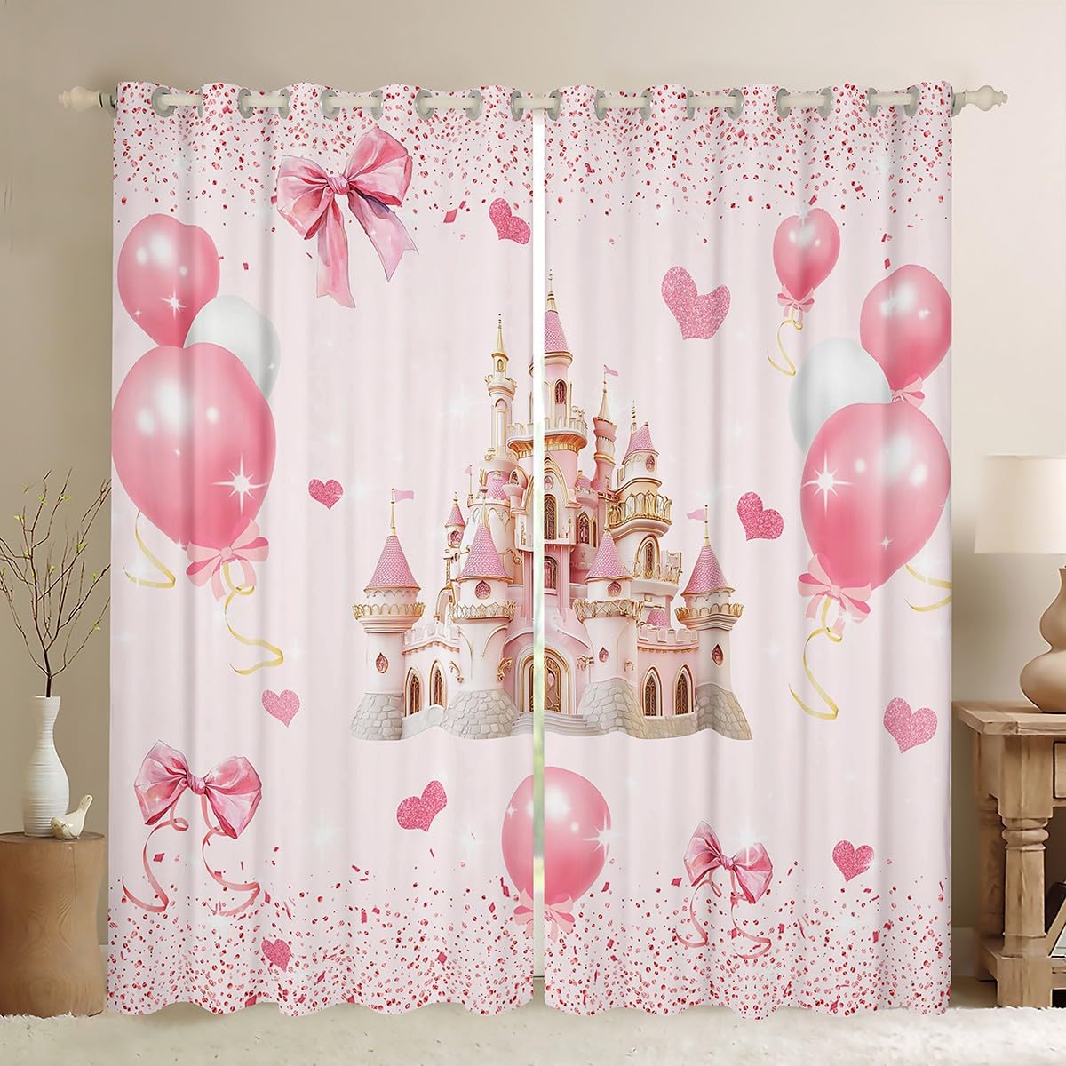 Homewish Rideau Occultant 30%-50% Fille Princesse Rose, Rideau Château Rose pour Enfant Ado, Rideau Voilage Nœud Papillon Kawaii, Voilage Fenetre Coeur d'amour Doux, 140x260 cm, 2 Panneaux