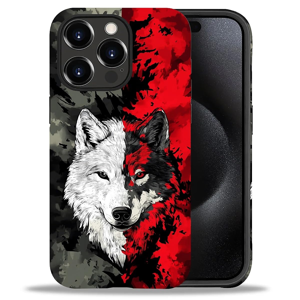 yicomon Compatible with iPhone 15 Pro Max Case, Red Black Wolf Pattern Print Matte Phone Case Durable Fashion Funny Liquid Silicone Case Soft