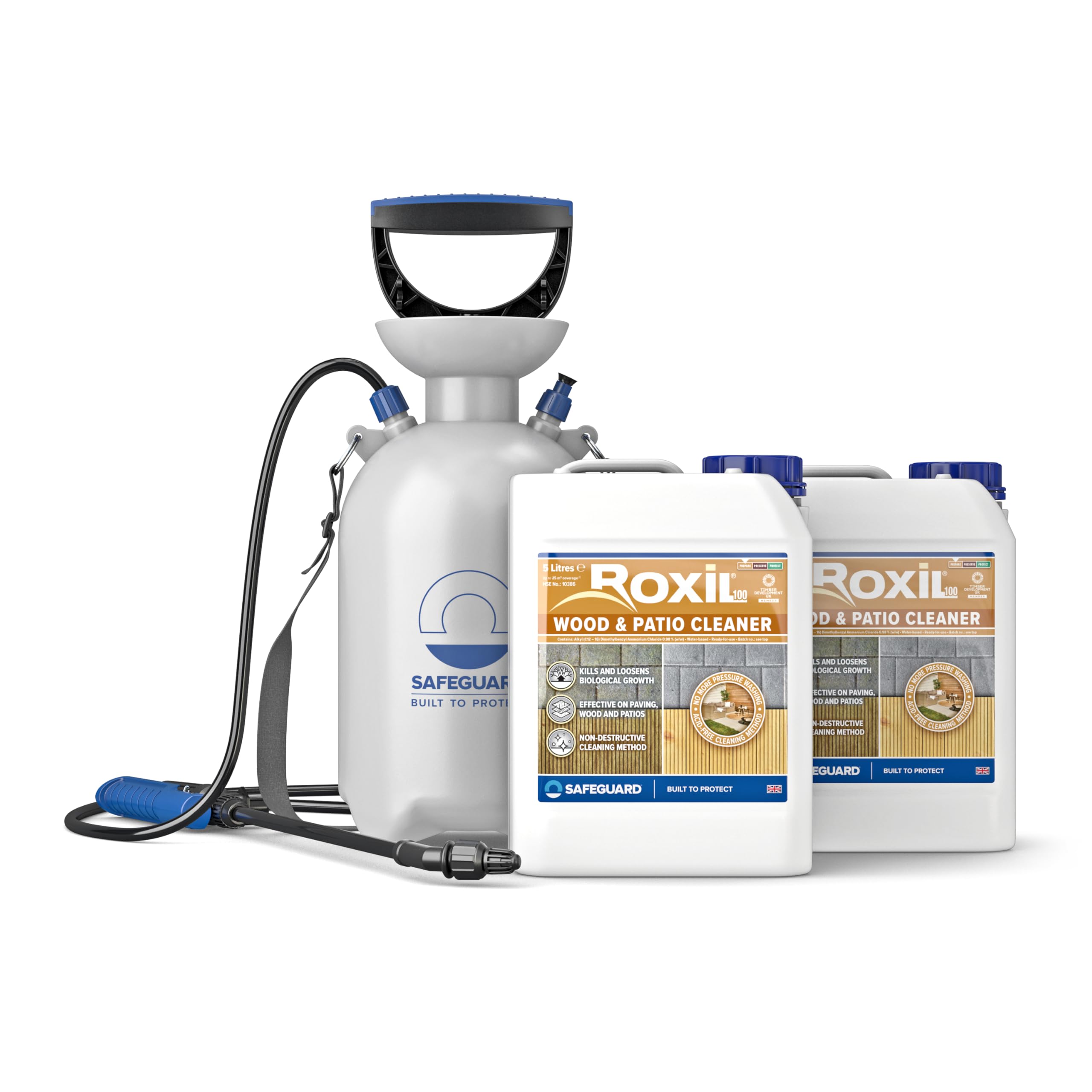 Roxil 100 Cleaner (2 x 5L & Sprayer) Green Mould, Algae & Lichen Killer + Pump Action Pressure Sprayer - Restore the appearance of your Patio, Deck, Fence or Paving