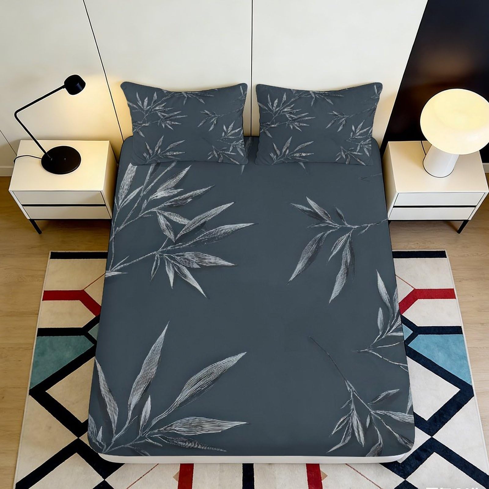 3D Printed Dark Bamboo Fitted Sheet Microfiber Soft Breathable Abstract Leaf Mattress Cover for Bedroom Guestroom 90x200x25cm