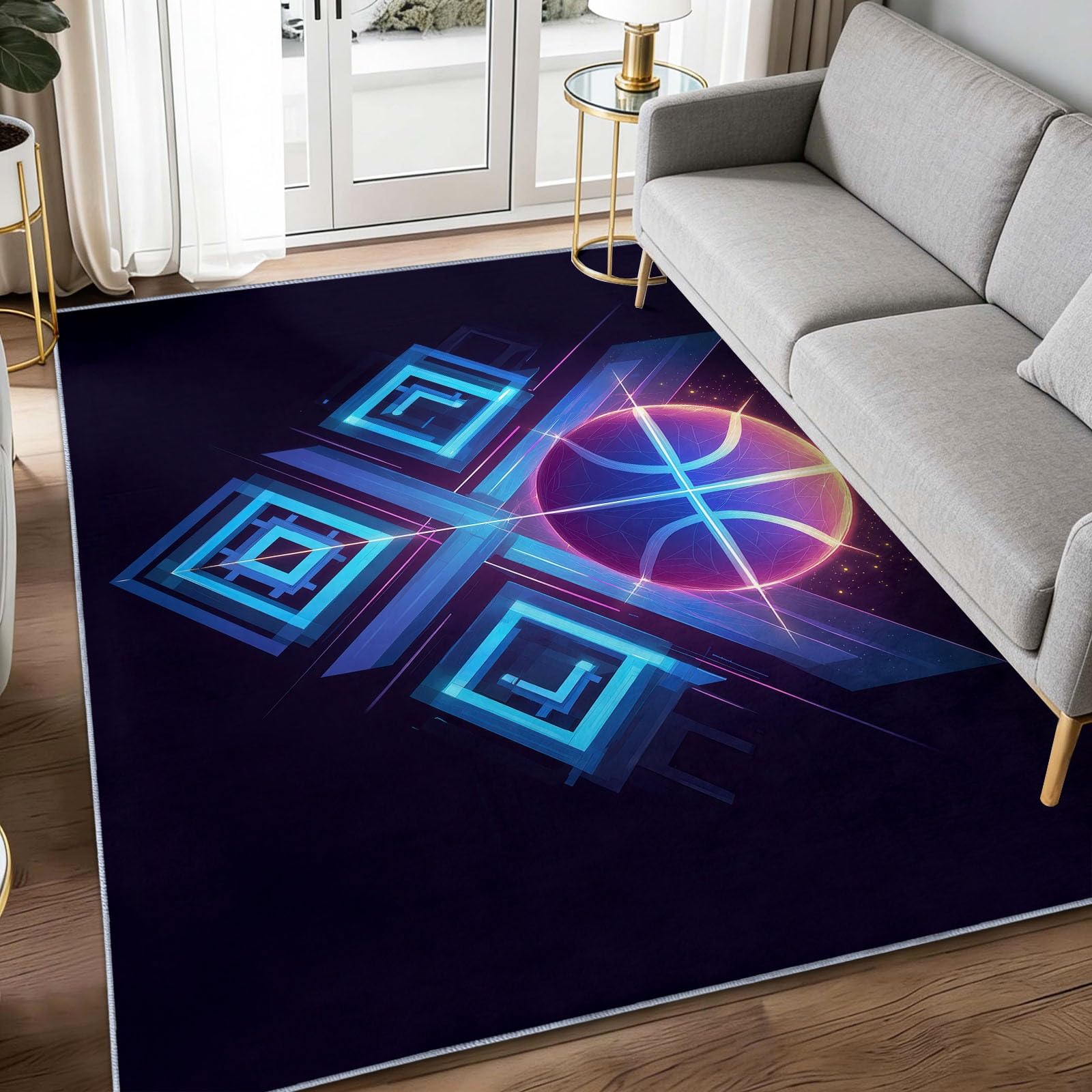 Dywan do salonu, nadaje się do prania, 160 x 230 cm, fantazyjny, nowoczesny, geometryczny, koszykówka, krótkie runo, czarny, duży, antypoślizgowy, do jadalni, sypialni, biura