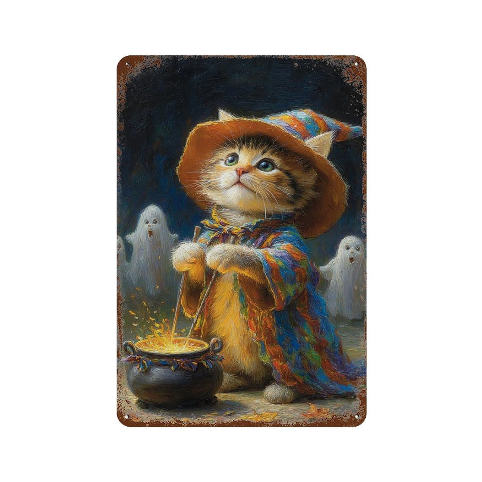 Vintage Rust Metal Sign Halloween Witch Cat Brew 11.8"x7.9", Decorative Metal Wall Art for Basement, Hobby Room And Garage Decor