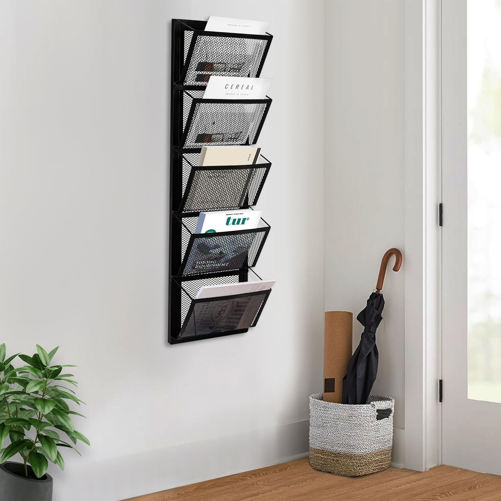 DSYOGX 5 Taschen Zeitschriften Wandhalter, Hängende Wandhalterung Wandprospekthalter Wand Aktenhalter Organizer Zeitschriften Wandhalter Prospekthalter Zeitungshalter Wand, Schwarz Bürobedarf & Schreibwaren