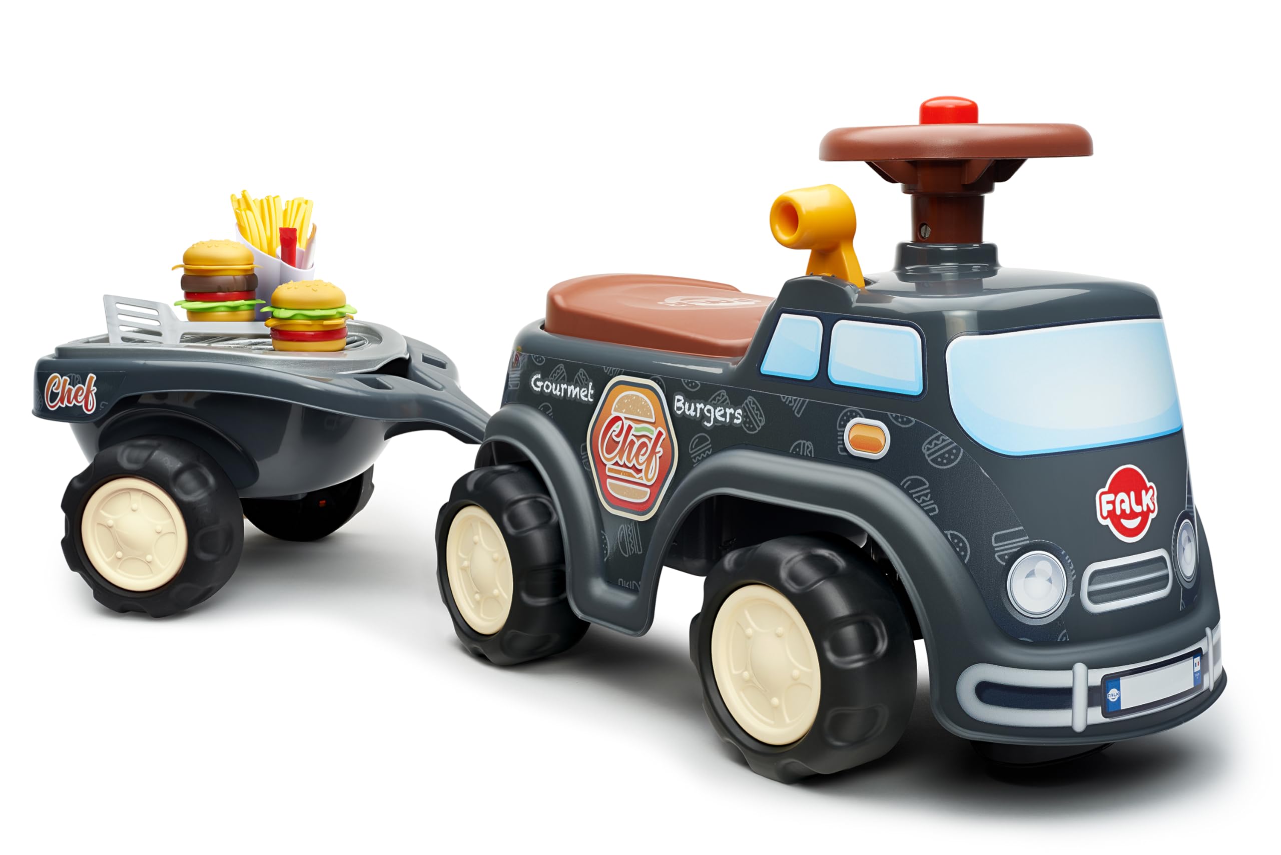 Falk Food Truck Vehicle Toy, with Barbecue Trailer and Chief Cook Accessories, Push Ride-on Toy for Toddler +1 Year FA707C