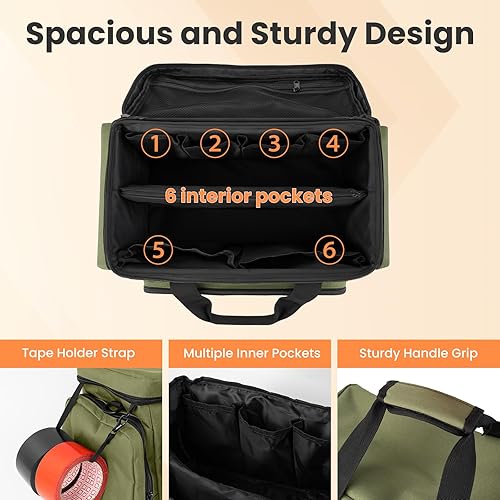 Miniatura 3 de VJI Bolsa de herramientas resistente con múltiples bolsillos, bolsa de almacenamiento portátil con cremallera grande, bolsa de herramientas de