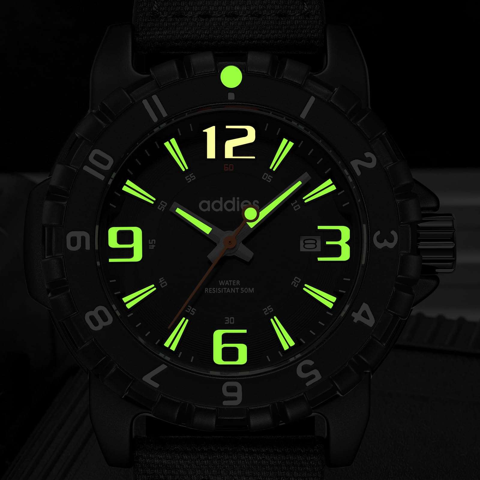 addies Montre militaire pour homme avec bracelet en tissu résistant à l'eau 50 m Mouvement à quartz lumineux Boîtier en acier inoxydable Montre cool pour tous les jours et l'extérieur