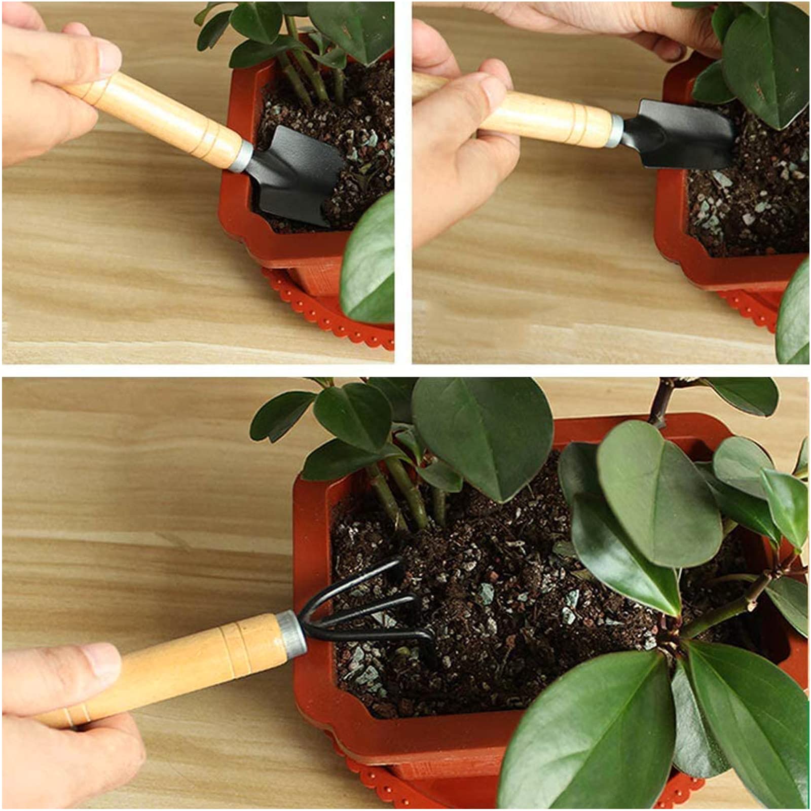 Set 7 Attrezzi Da Giardino Mini Con Manico In Legno - Per Piante, Trapianti E Balcone