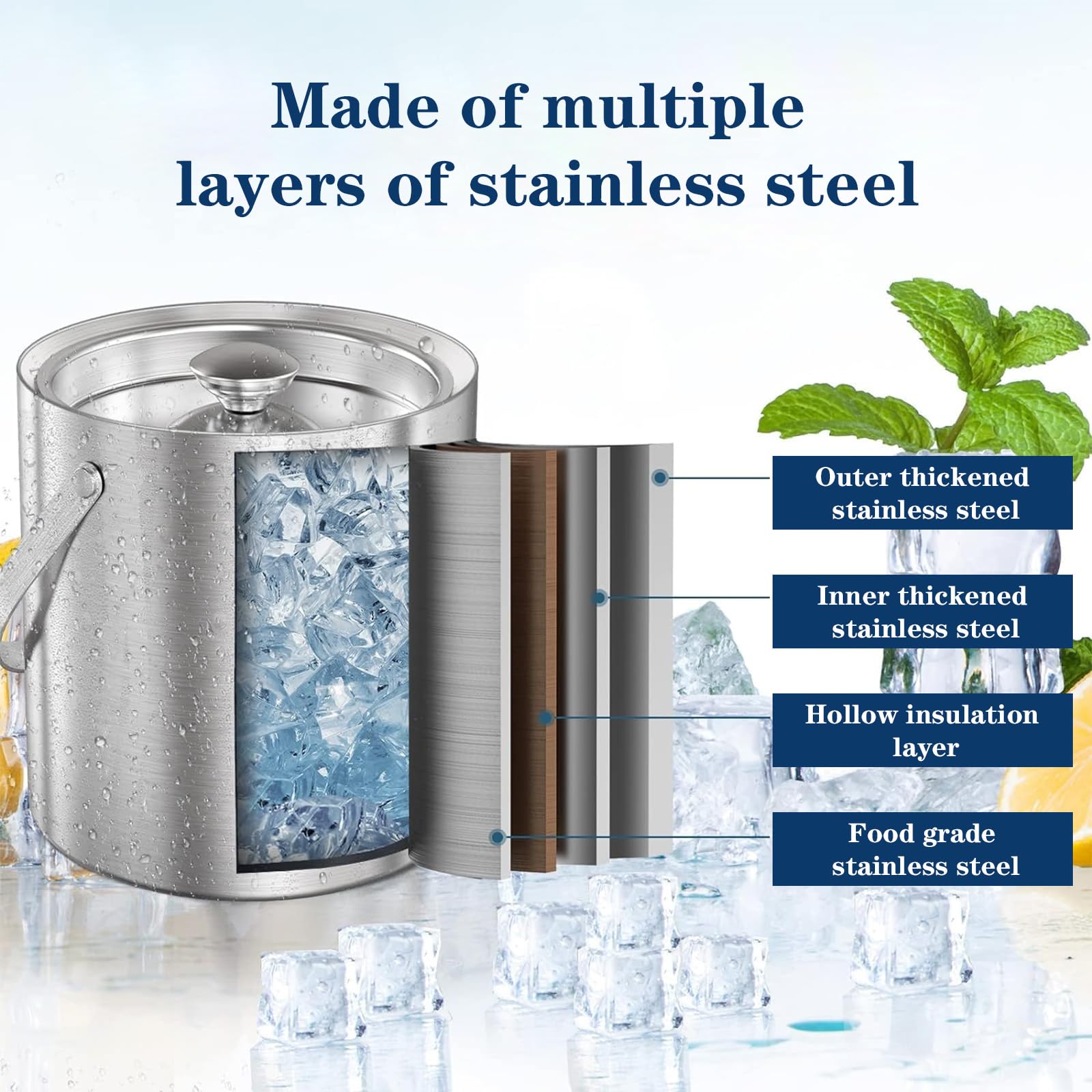 Adima Cubos De Hielo De Acero Inoxidable, Cubos De Hielo Con Doble Capa De Aislamiento TéRmico, Filtros Y Pinzas De Hielo, Muy Adecuados Para Clubes De Bares (3l),3L