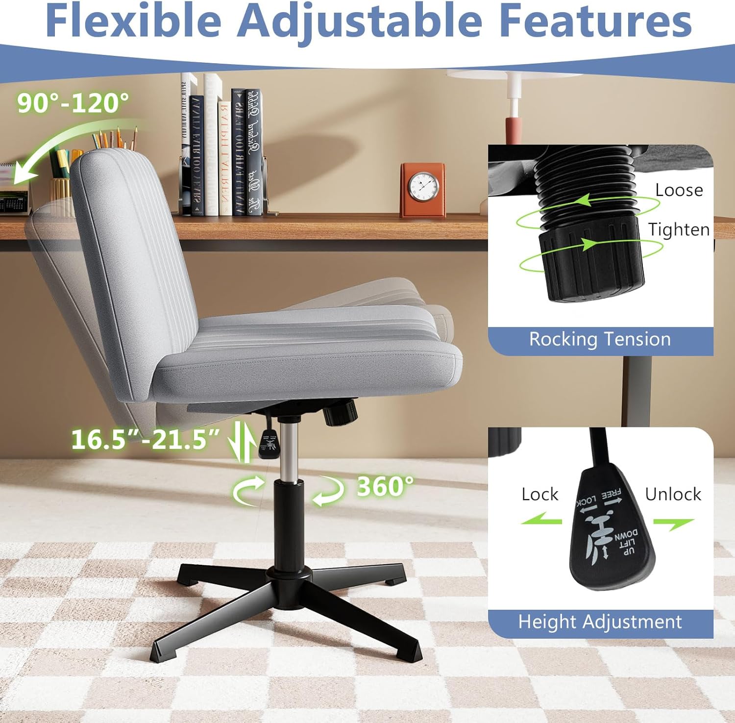 Giantex Criss Cross Chair, Armless Cross Legged Office Chair No Wheels, Fabric Adjustable Swivel Ergonomic Desk Seat, Modern Wide Makeup Task Vanity Chair for Home, Gray