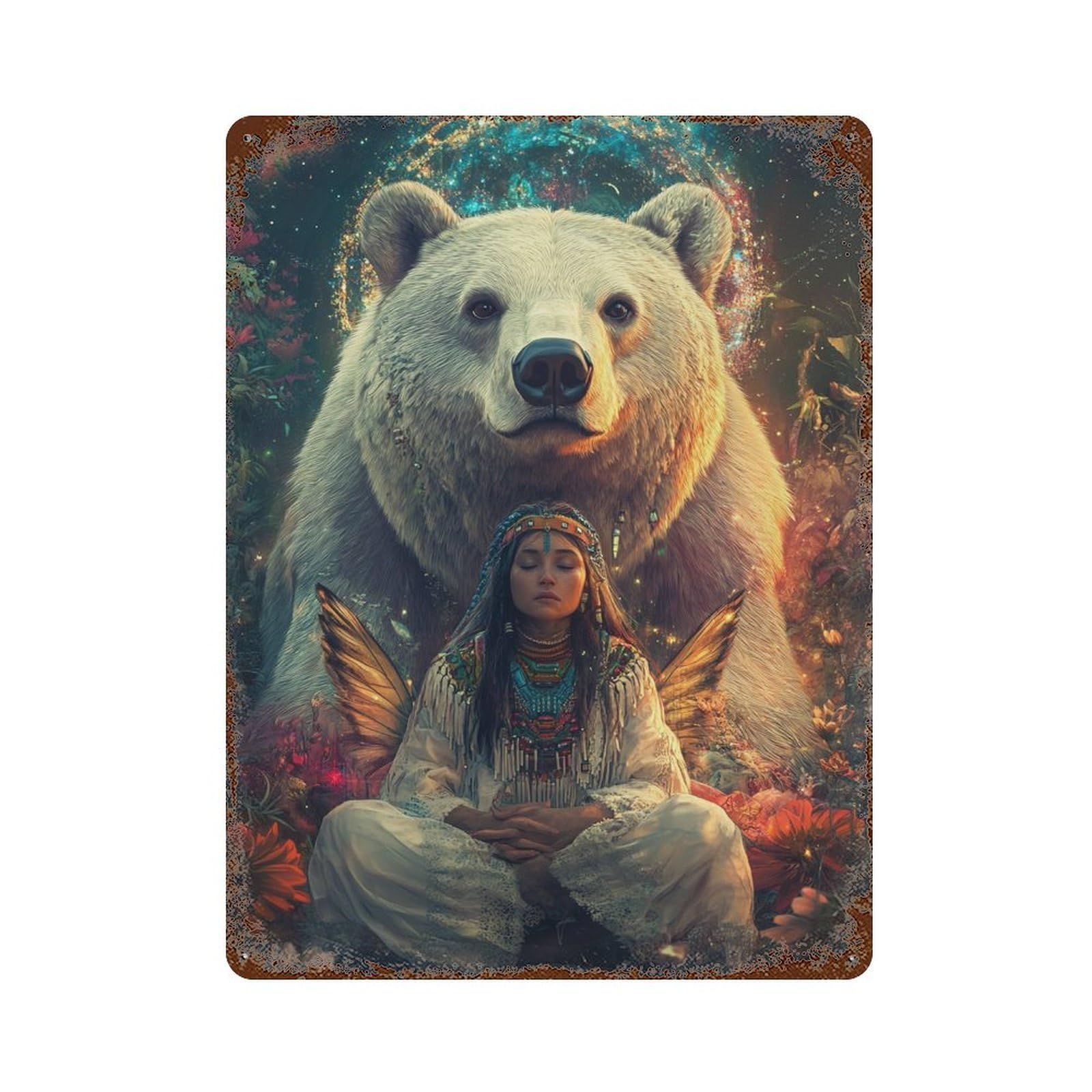 Vintage Rust Metal Sign with Native Spirit Bear Connection Design 15.7"x11.8", for Shed, Workshop And Garage Wall Decor, Retro Wall Decor