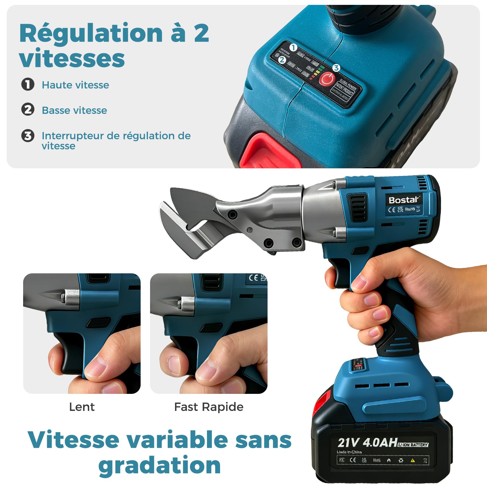 Bostar Cisaille à Tôle sans Fil, Moteur Brushless avec 2 Batteries 4.0Ah, Coupe-Tôle Électrique pour Métal 1,5mm & Alu 2,0mm, Tête Rotative 360° (Verrouillage Sécurisé), Compatible avec Makita 18V