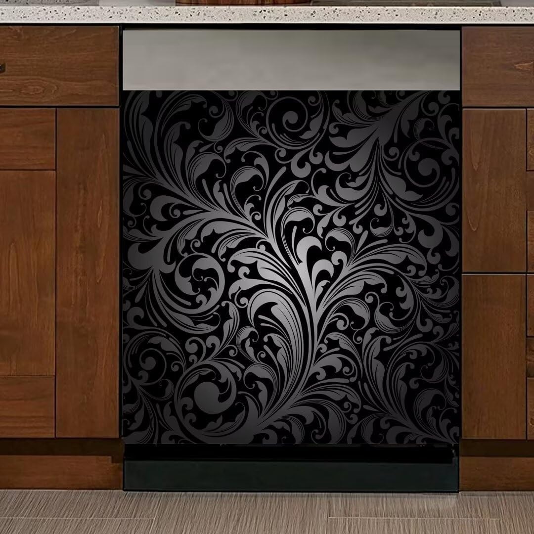 Black Magnetic Decal,Grey Dishwasher Cover Magnet Decorative,Wave Floral Texture Dishwasher Decal for Front Door,Fridge Magnet Decor,Home Appliances Cabinet Cover Sticker, 23" Wx26 H Wave0628-1 23 W x 26 H inches(Magnet Sticker)