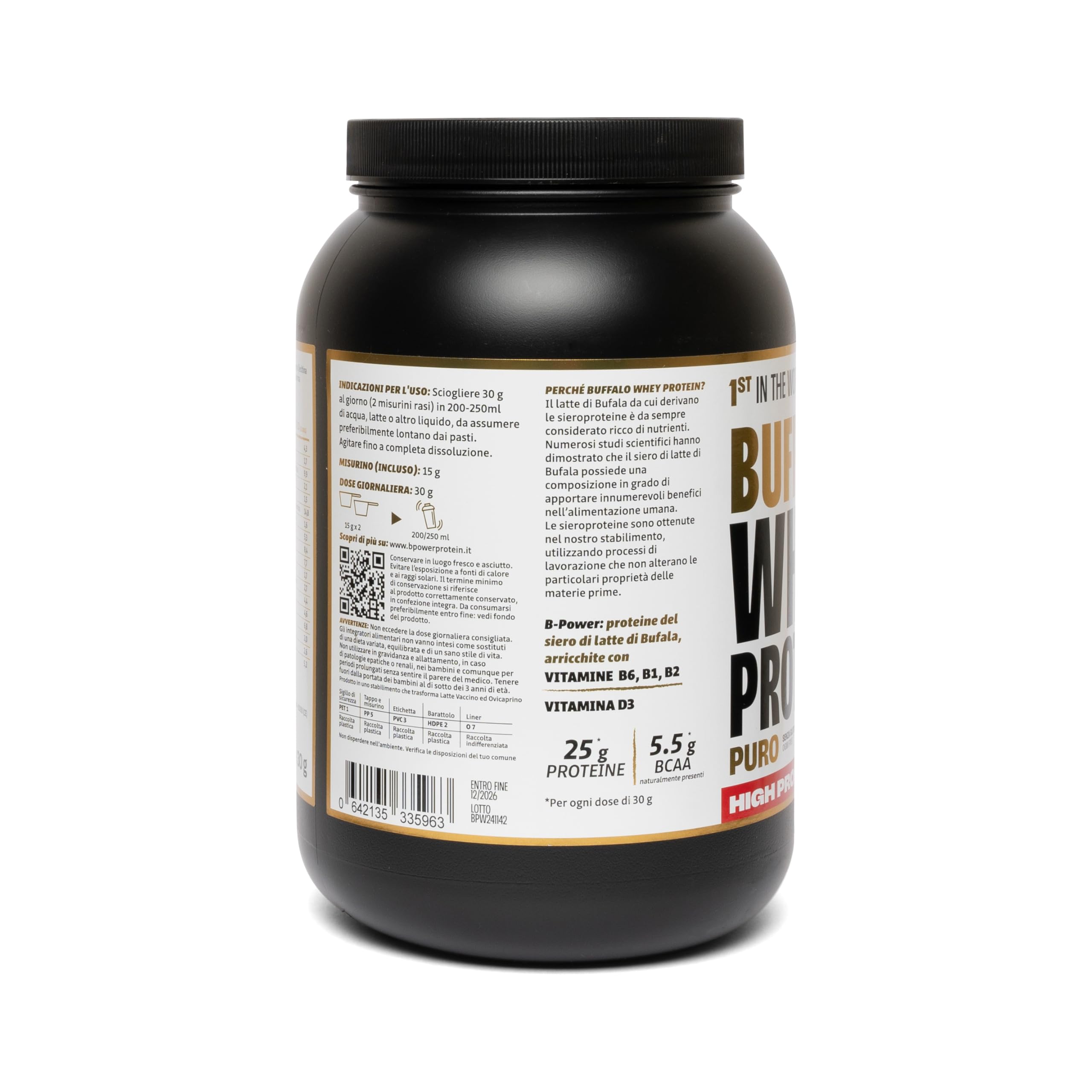 Buffalo Whey +80 Proteine in Polvere Concentrate Gusto Puro senza Edulcoranti 100% Italiane da Latte di Bufala, 24g di Proteine 5.5g BCAA Vitamine Gruppo B e D per supporto muscolare (34 dosi x 1020g)