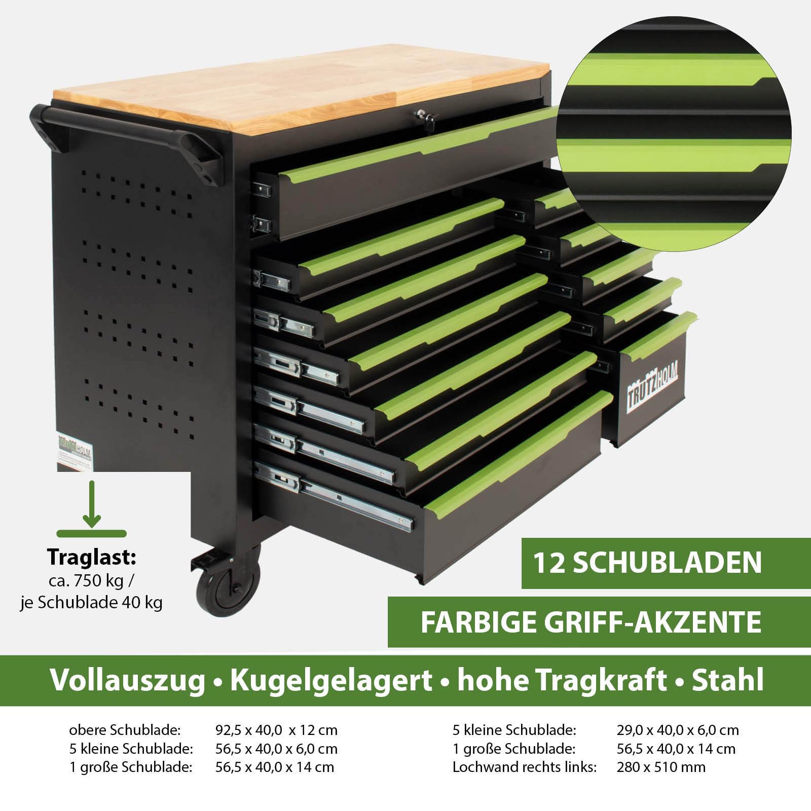 TRUTZHOLM Werkstattwagen Star XL 12 Schubladen unbestück Hartholz-Arbeitsplatte schwarz/grün 103 x 112 cm mit Feststellbremsen, abschließbar