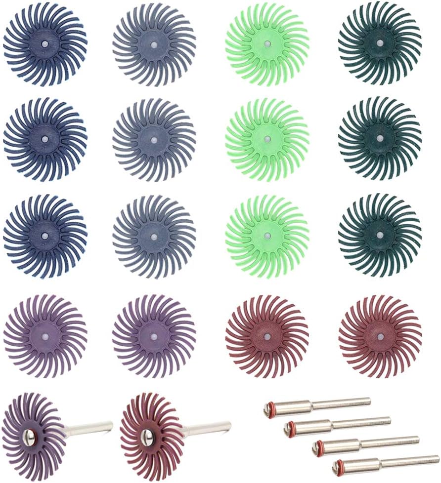 Mesee 18Pcs Radial Bristle Disc 25mm/1'' Mixed Grit Detail Abrasive Brush Assortment Kit with 3mm Mandrels Gap Polishing Wheel for Cleaning Finishing Deburring Polishing, Grit 80/120/220/400/600/1000