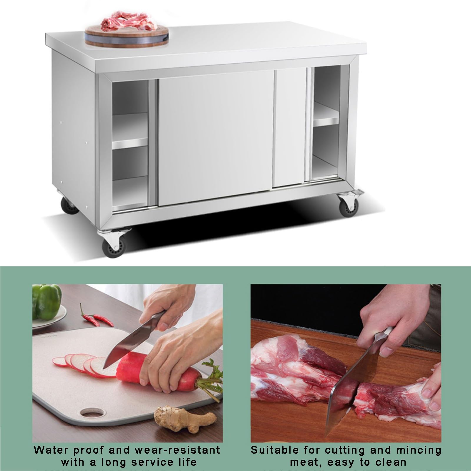 Tavolo da Lavoro in Acciaio Inox Rinforzato Piano di Lavoro da Cucina con Armadietti per Uso Commerciale/Domestico con Ante Scorrevoli Ruote Passaggio Unidirezionale Armadietti Mobili