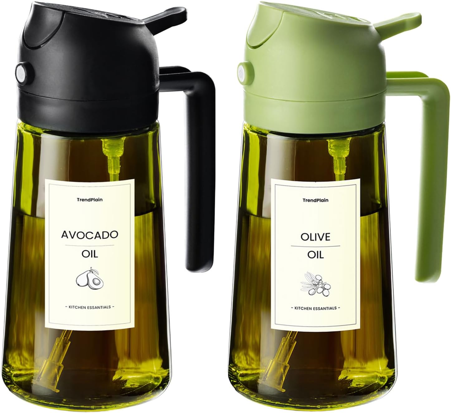 TrendPlain 470ml Olive Oil Spray Bottle - 2 in 1 Olive Oil Dispenser Bottle for Kitchen Accessories - Kitchen Gadgets, For Air Fryer - with Stickers, Light Blocking - Black & Green