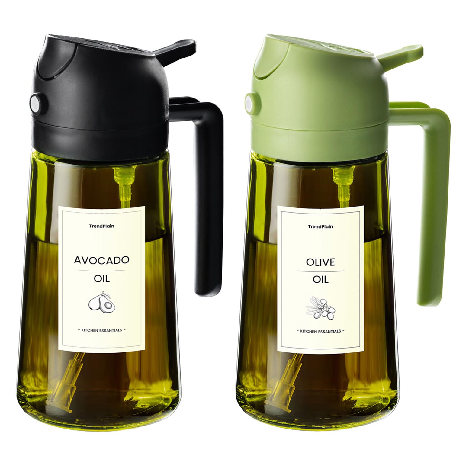 TrendPlain 470ml Olive Oil Spray Bottle - 2 in 1 Olive Oil Dispenser Bottle for Kitchen Accessories - Kitchen Gadgets, For Air Fryer - with Stickers, Light Blocking - Black & GreenGlobal Recycled StandardGlobal Recycled StandardGlobal Recycled Standard