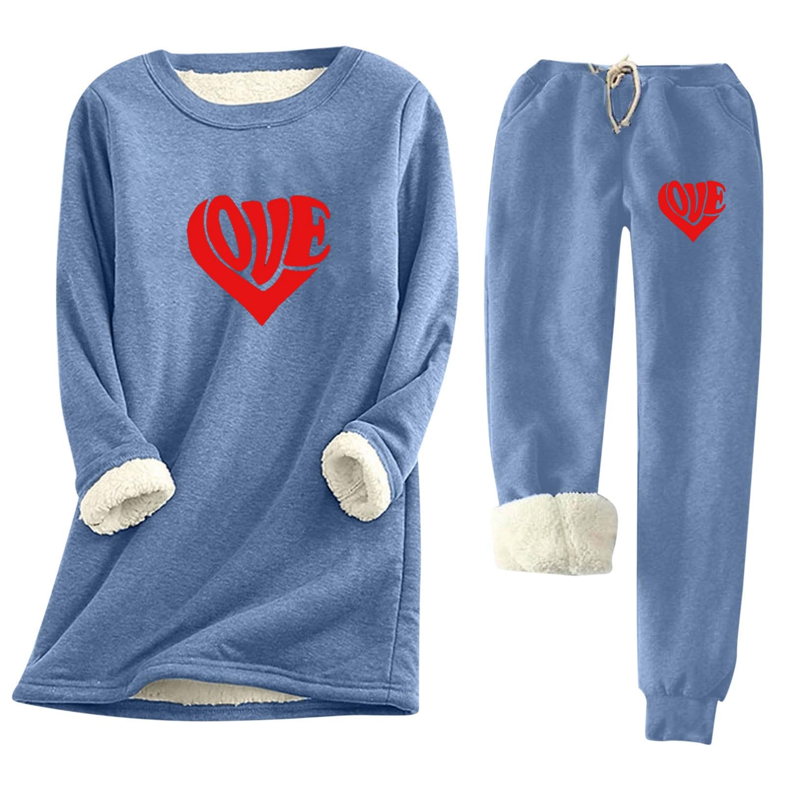 Generisch Damen Thermoset Fleecefutter Aufdruck lässig Oberteil und Hose für kaltes Wetter Herbst Winter bequem komfortabel Thermounterwäsche Set Fleeceunterwäsche Loungewear Unterteil
