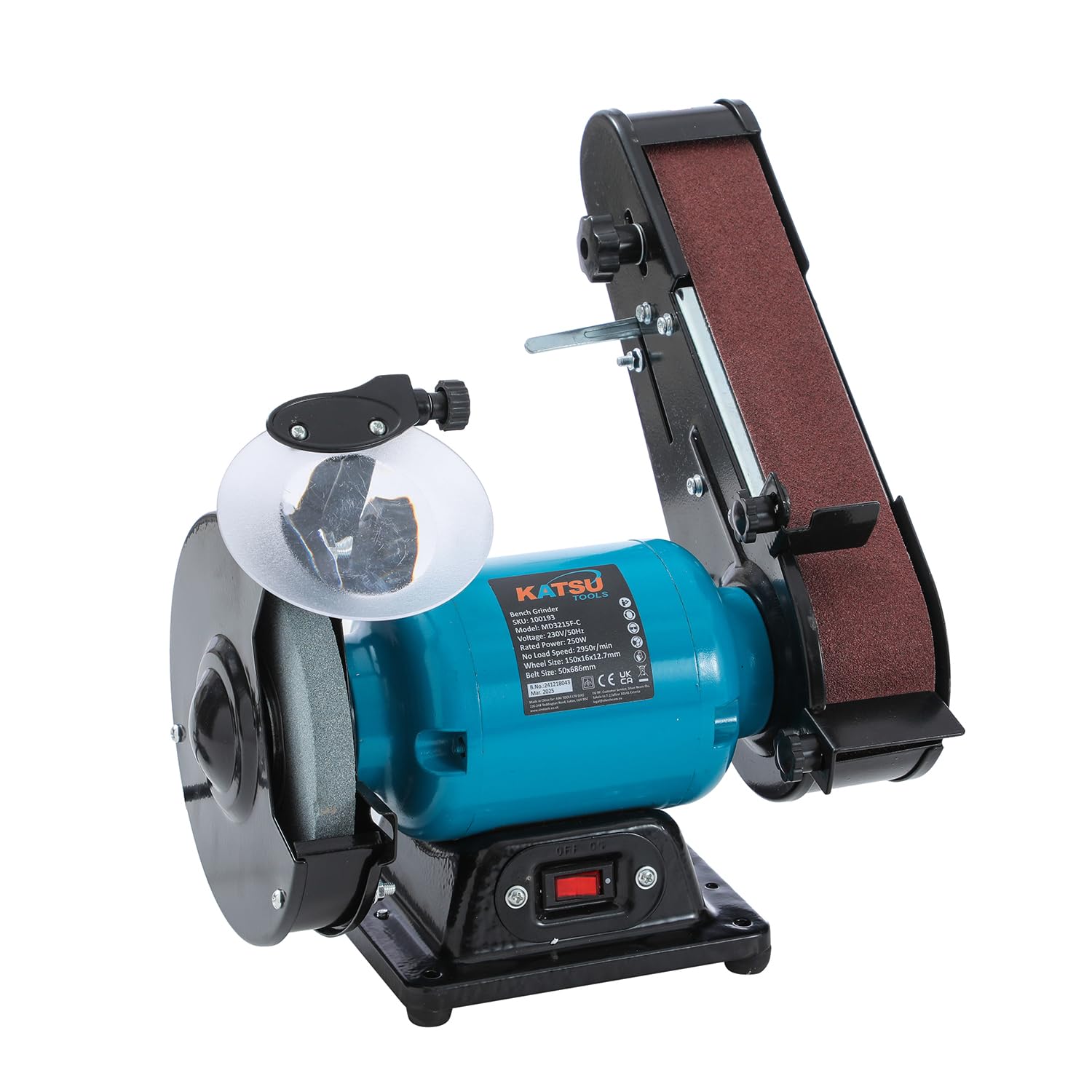 KATSU Tools Smerigliatrice da banco e levigatrice a nastro 250W 2 in 1, mola da 150 mm, nastro abrasivo 50 x 686 mm, per levigatura, lucidatura e affilatura di legno e metallo
