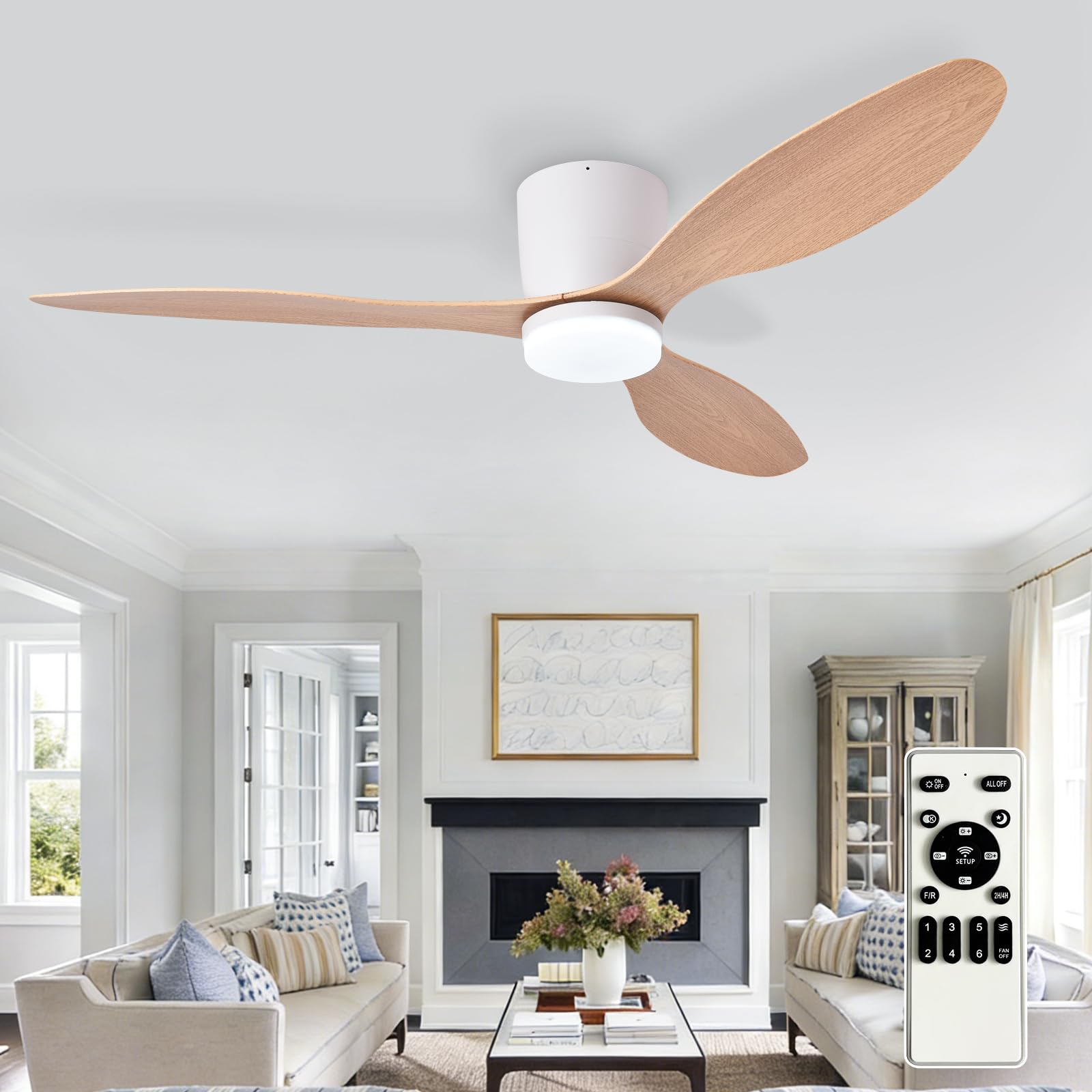 Depuley Flush Mount Ceiling Fan: 52-Inch White Ceiling Fans with Lights for Bedroom Indoor Outdoor - Low Profile Ceiling Fans with Remote Control 24W 3CCT Dimmable 3 Reversible Wood Blades 6 Speeds