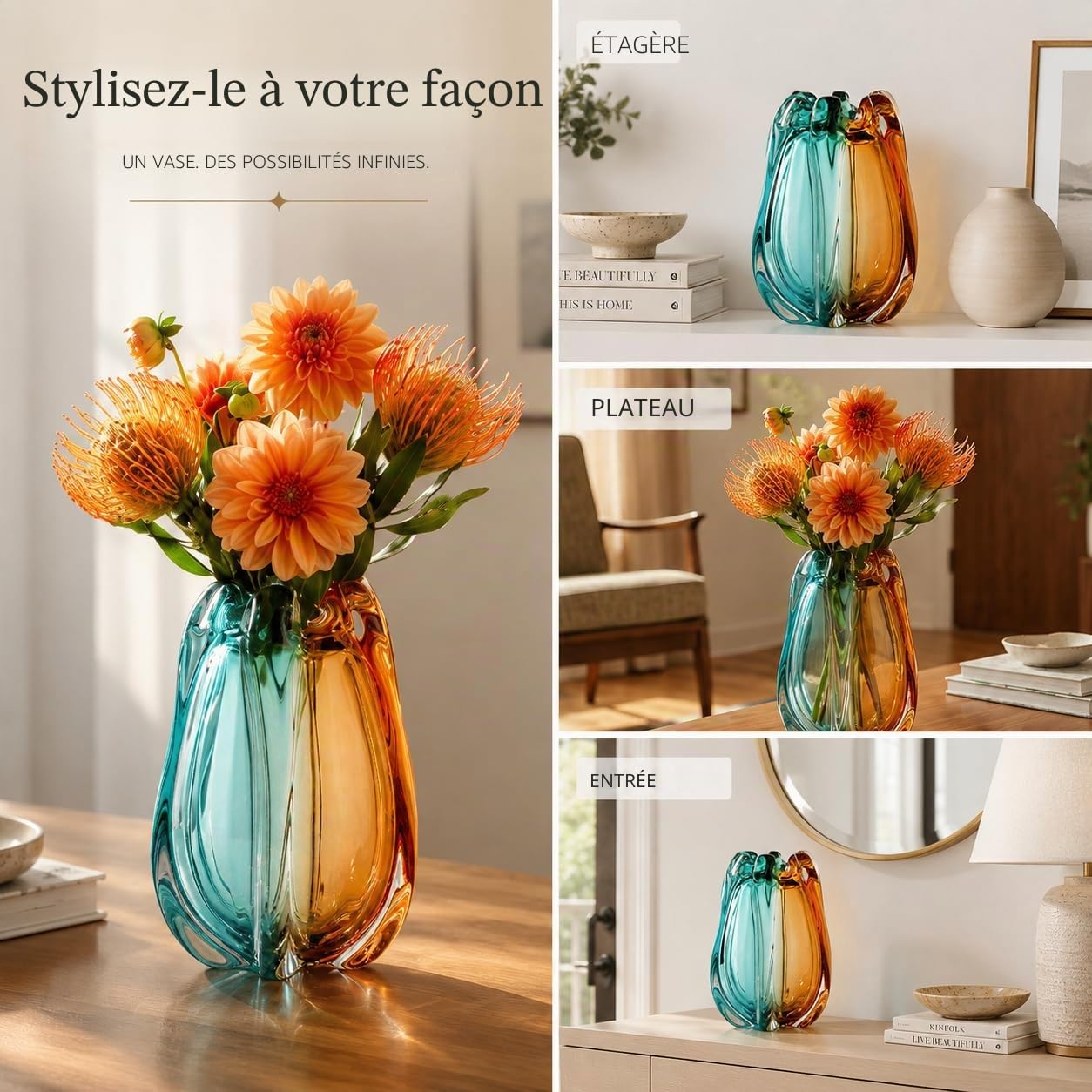 Vase décoratif en Verre d'art soufflé à la Main — Grand Vase à Fleurs Lourd et à Large Ouverture — Style Art déco (Murano) : Teinte Sarcelle et Ambre (19cm)