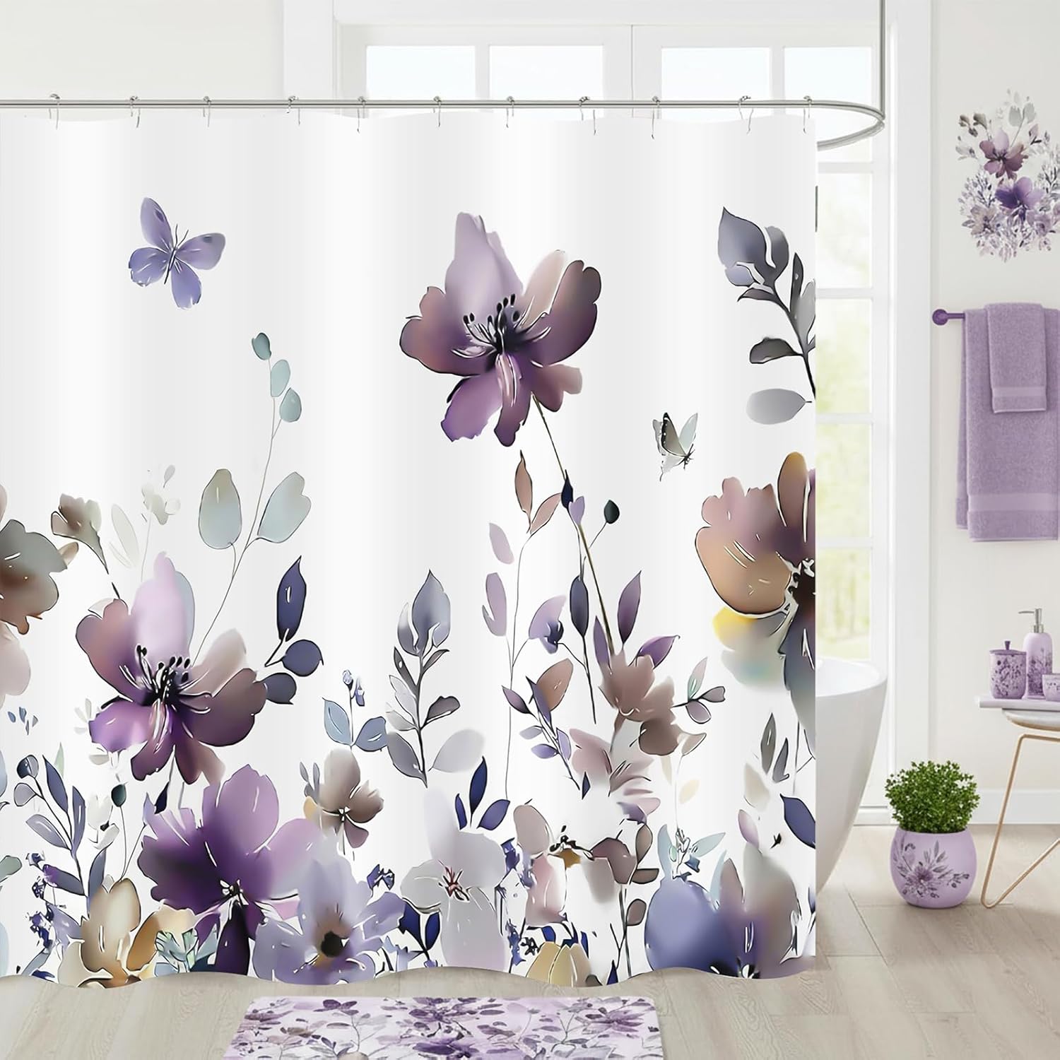 Purple Floral Shower Curtain, Lilac Watercolor Flower Leaves Butterfly Shower Curtains for Bathroom Waterproof Fabric Bath Curtain 72x72 Inch with 12 Plastic Hooks