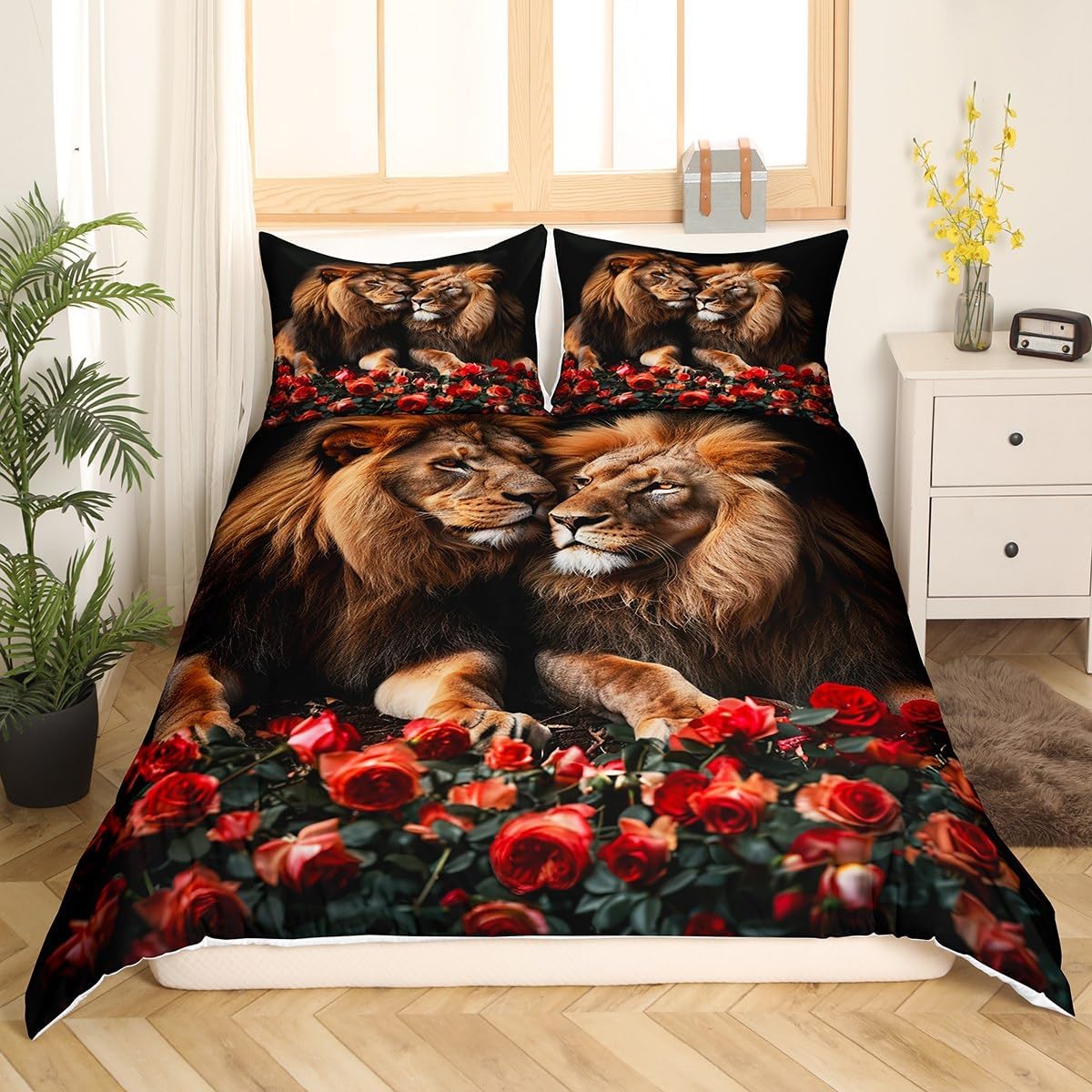 Manfei Wild Lions Duvet Cover,Nature Wildlife African Animal Print King Size Duvet Cover for Kids Adults,Red Roses Romantic Flowers Nature Couples Soft Comforter Cover(No Filler) with Zipper Closure