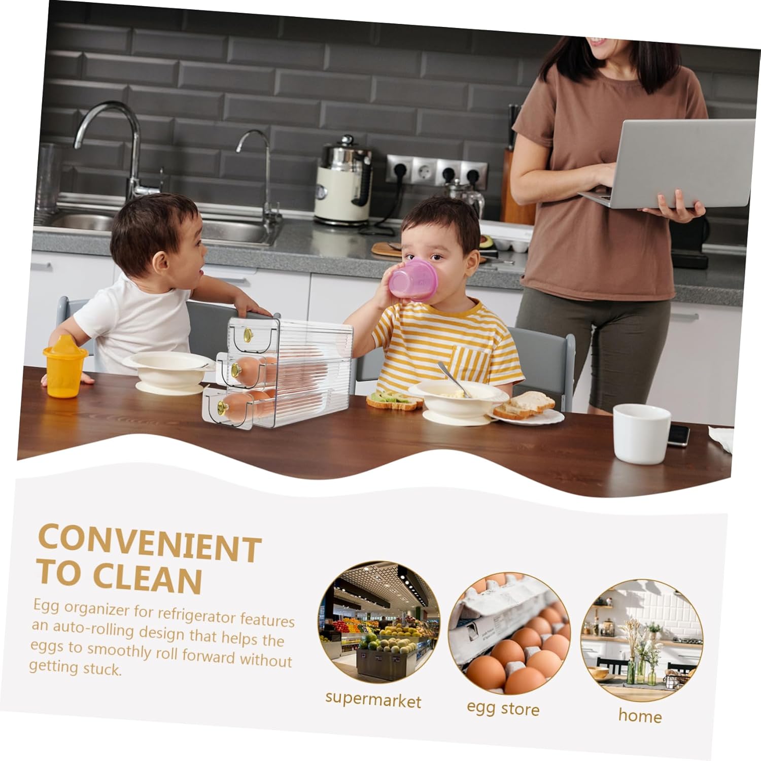 PRETYZOOM Food Grade Egg Storage Container Rolling Egg Dispenser for Refrigerator Compact Drawer Type Egg Holder for Kitchen Organization for Families Restaurants