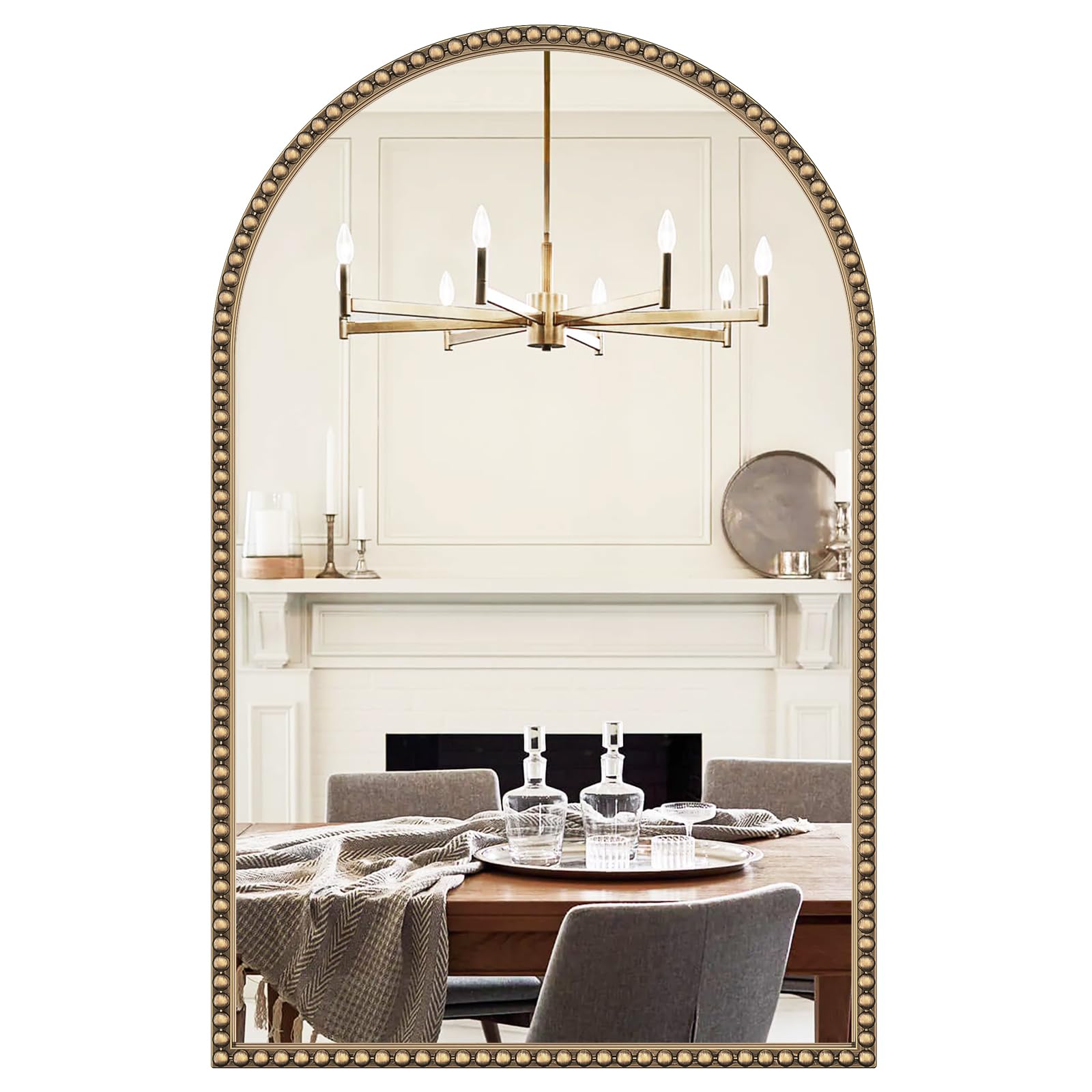 Arched Beaded Mirror for Bathroom, 24"x38" Antique Gold Arch Vanity Wall Mirror, Retro Brass Metal Frame Champagne Bronze Mirrors for Bedroom Dressing Room Entryway Fireplace