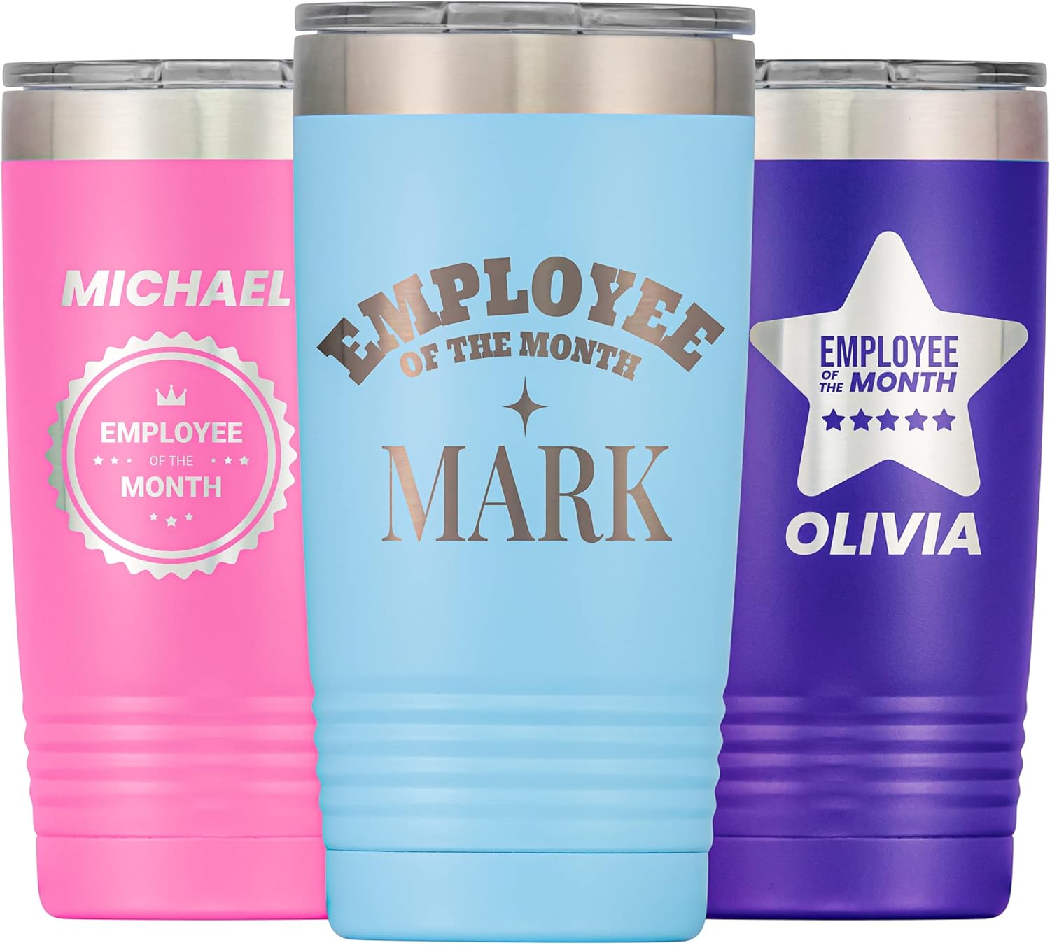 Personalized Employee Tumbler, Engraved Gift for Employees, 20 oz Stainless Steel Vacuum Insulated Travel Cup with Slider Lid, Custom Employee of the Month Gift for Office, Light Blue