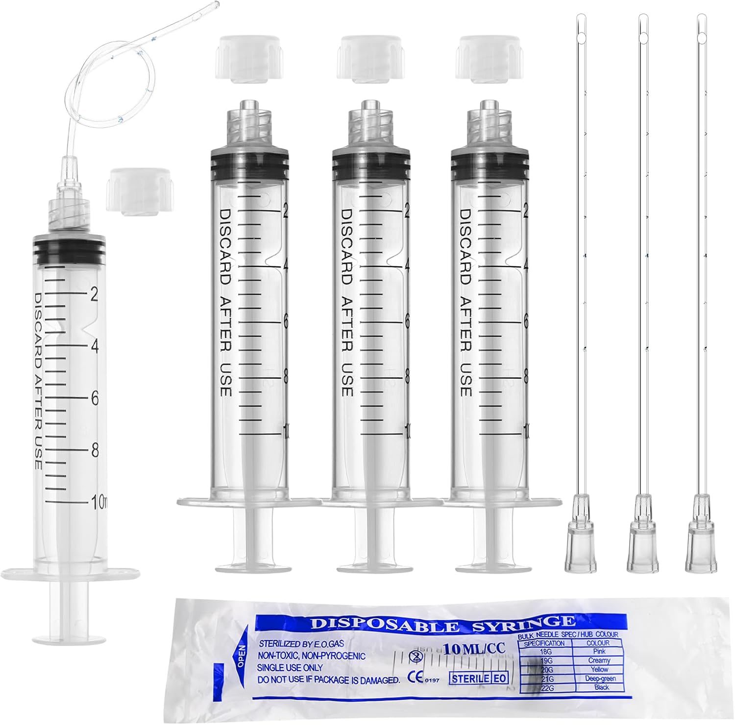 10 Pack 10ml Luer Lock Syringe with Cap and Soft Plastic Tube, Individually Wrapped, Suitable for Pet Feeding, Liquids Measuring Ink Dispensing